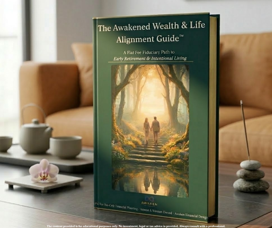 A hardcover book titled 'The Awakened Wealth & Life Alignment Guide' placed on a table in a living room, surrounded by teapots, cups, an orchid, and stacked rocks with a stick, with a beige sofa in the background.