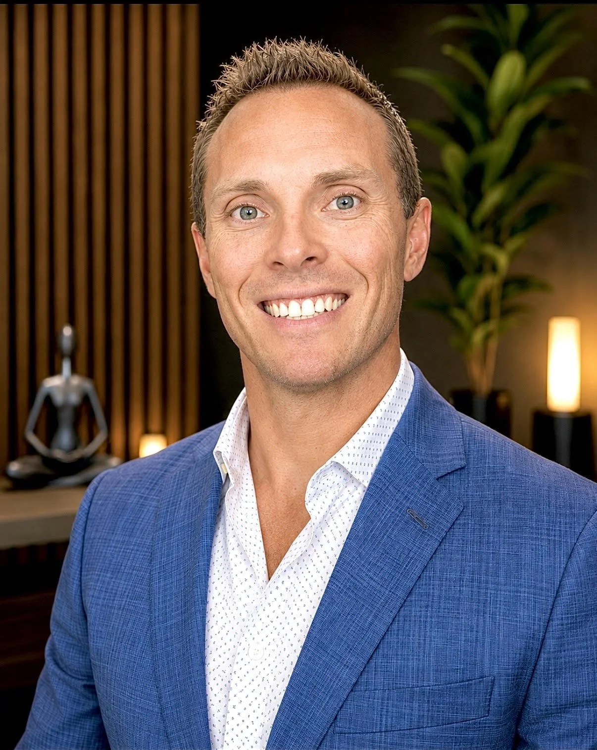 A smiling man in a blue suit jacket and white shirt with a pattern, posing in an indoor setting with modern decor.
