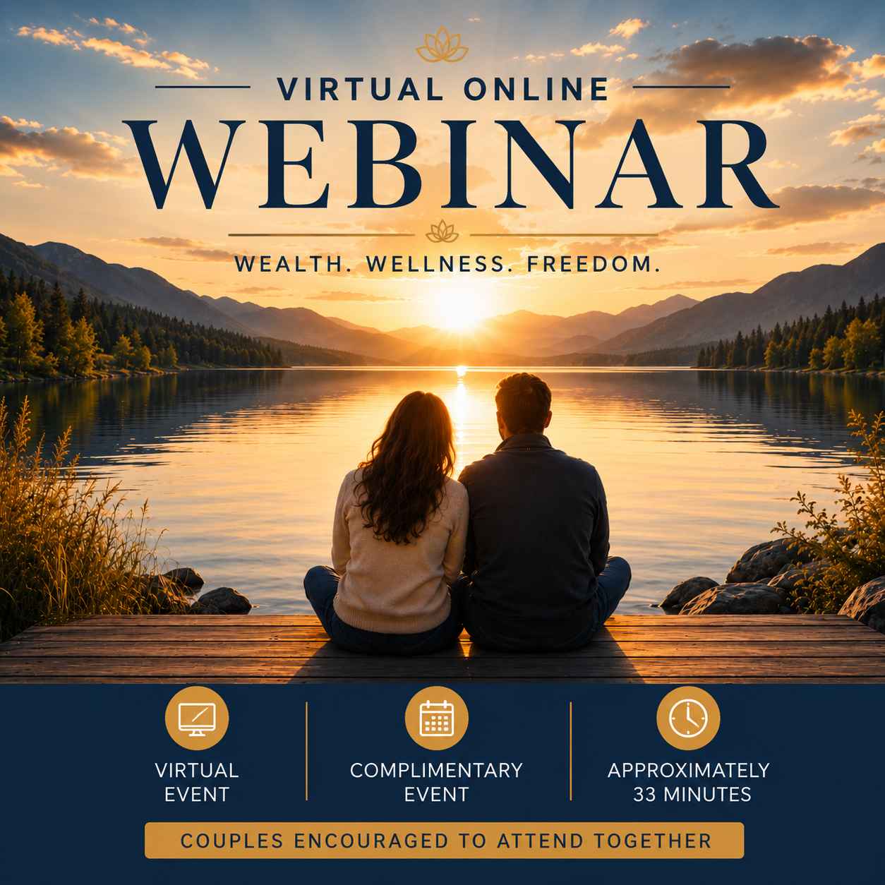 A promotional banner for a virtual online webinar titled 'Wealth. Wellness. Freedom.' featuring a scenic sunset over a lake with two people sitting on a dock looking at the water. The banner includes icons and text indicating it is a virtual event, complimentary, and lasts about 33 minutes, encouraging couples to attend together.