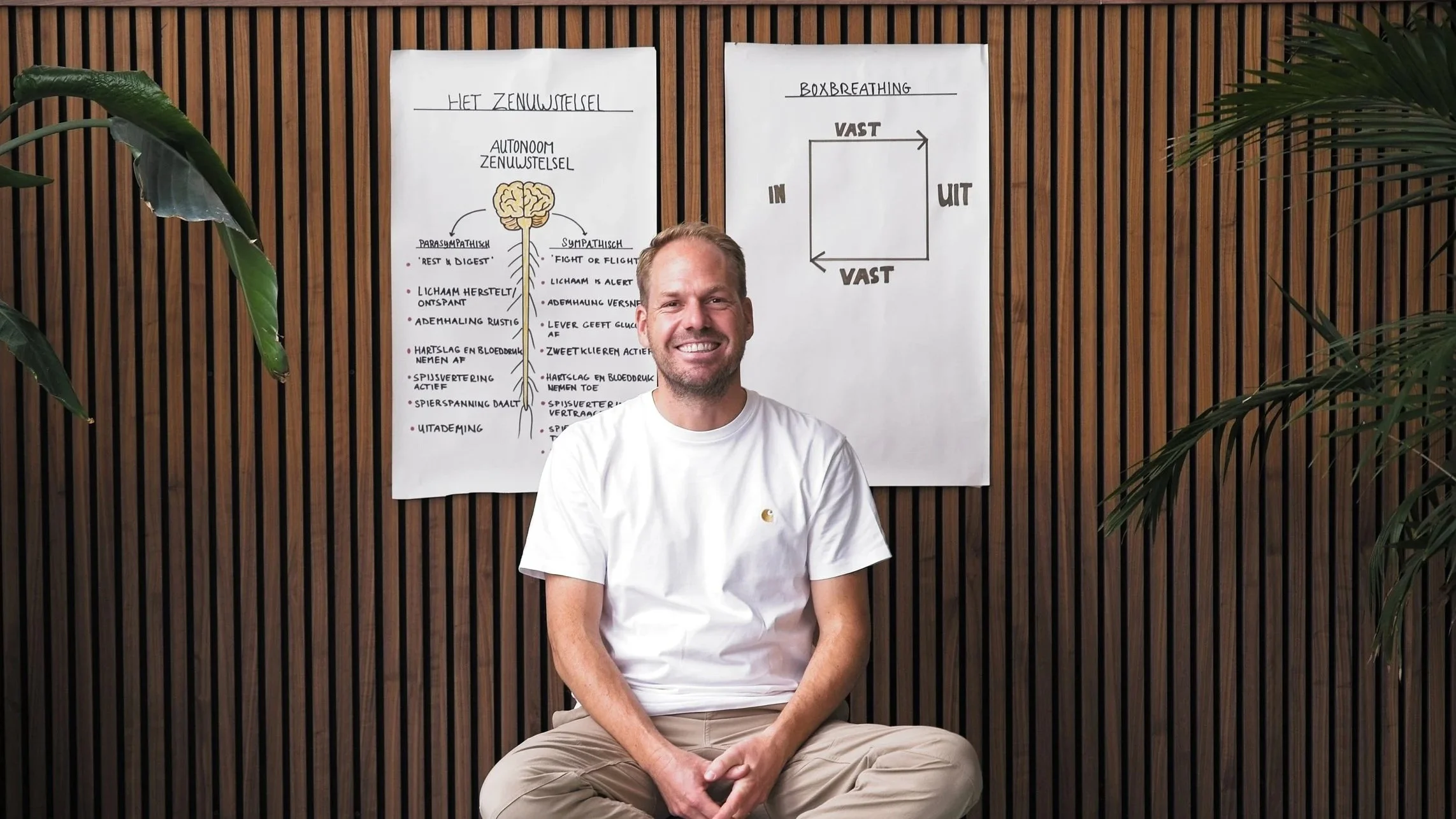 Man zittend op de vloer in een kamer met houten paneelwanden, lachend, met posters over het zenuwstelsel en boxbreathing op de muur achter hem.
