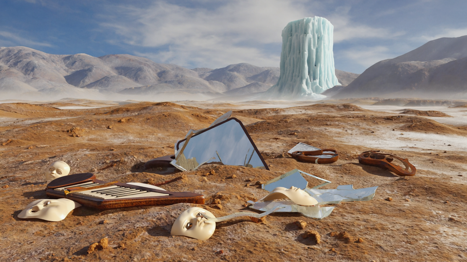 Gen4 The SilenceAn empty plain littered with masks, broken flutes, cracked mirrors a-2, 3458641088.png