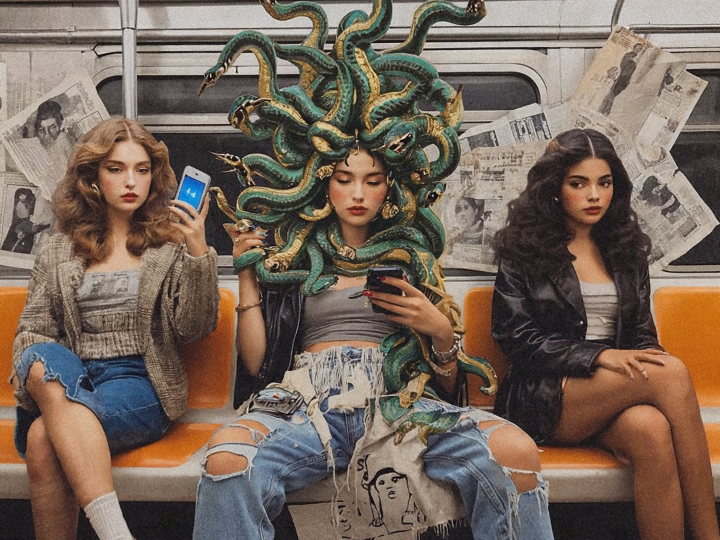Gen4 Medusa scrolling a smartphone, Persephone holding grocery bags, Athena at a prote a-2, 32030976 (4).png