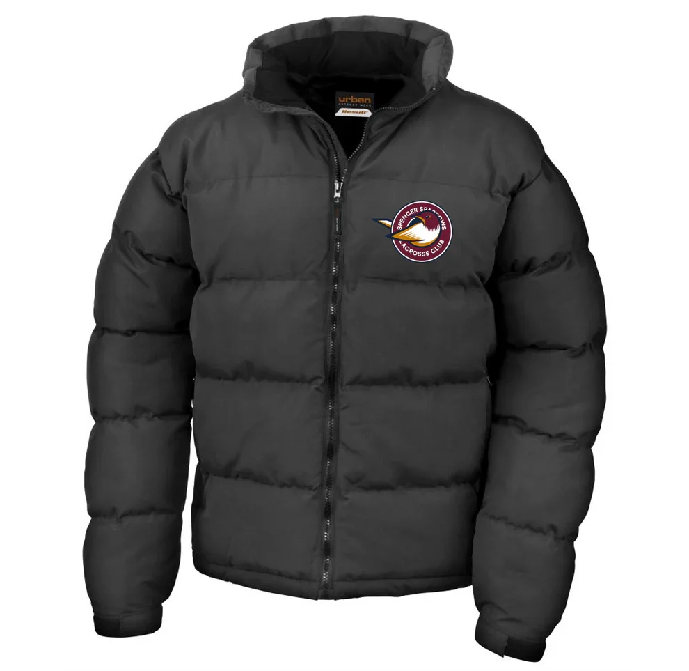 Black puffer jacket with a Spencer Spalding Lacrosse Club logo on the chest.