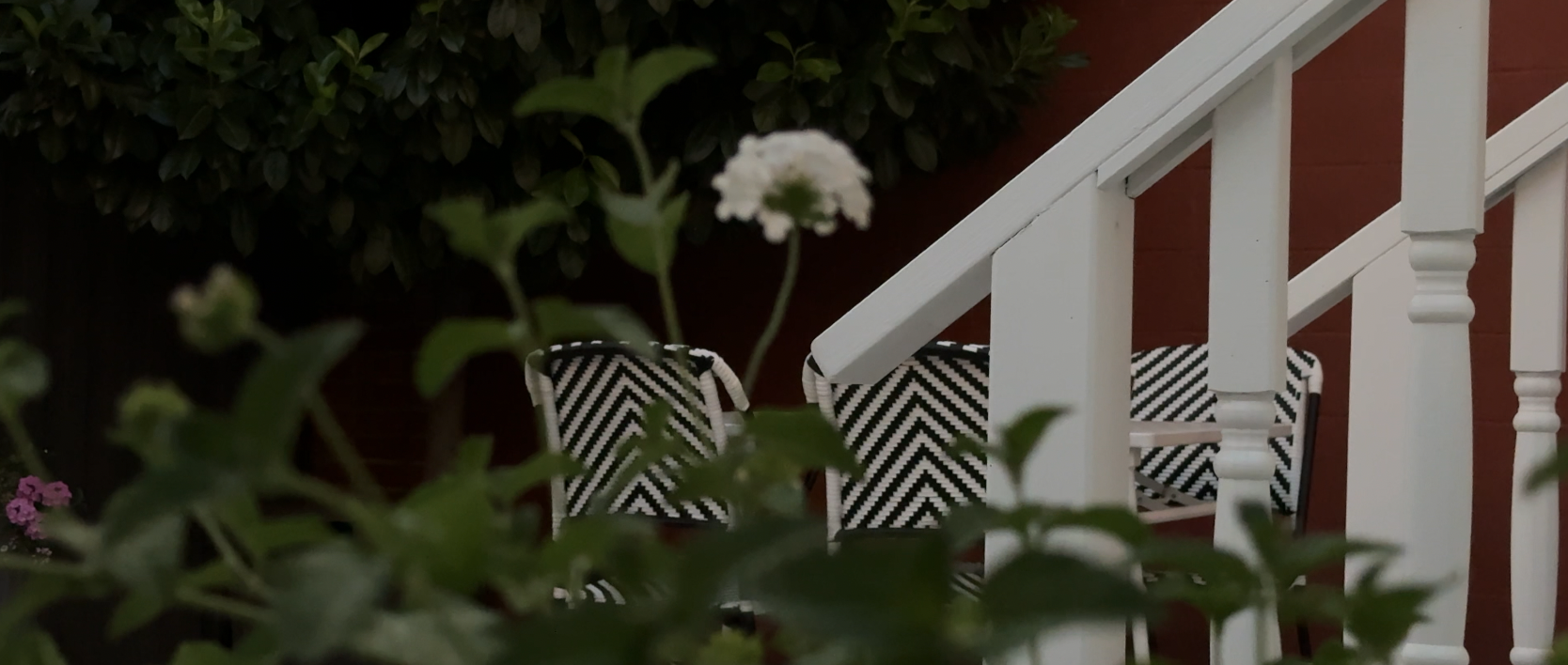 Black and white outdoor chairs are visible through the greenery on the garden terrace