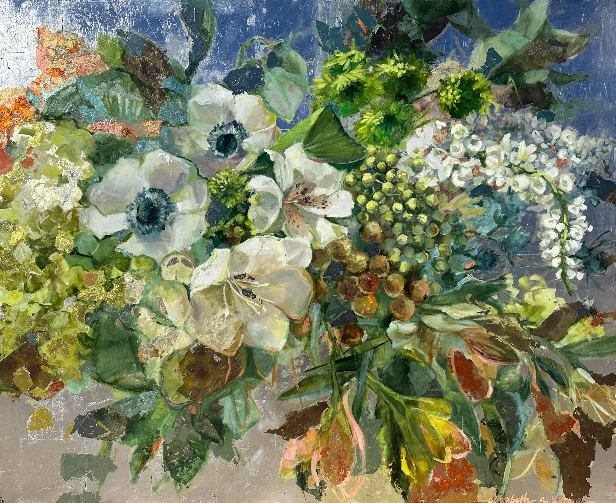 I've Been Dreaming Again| silver leaf, dyed silver leaf, mixed metal leaf, oil , on wood| 48 x 60 in