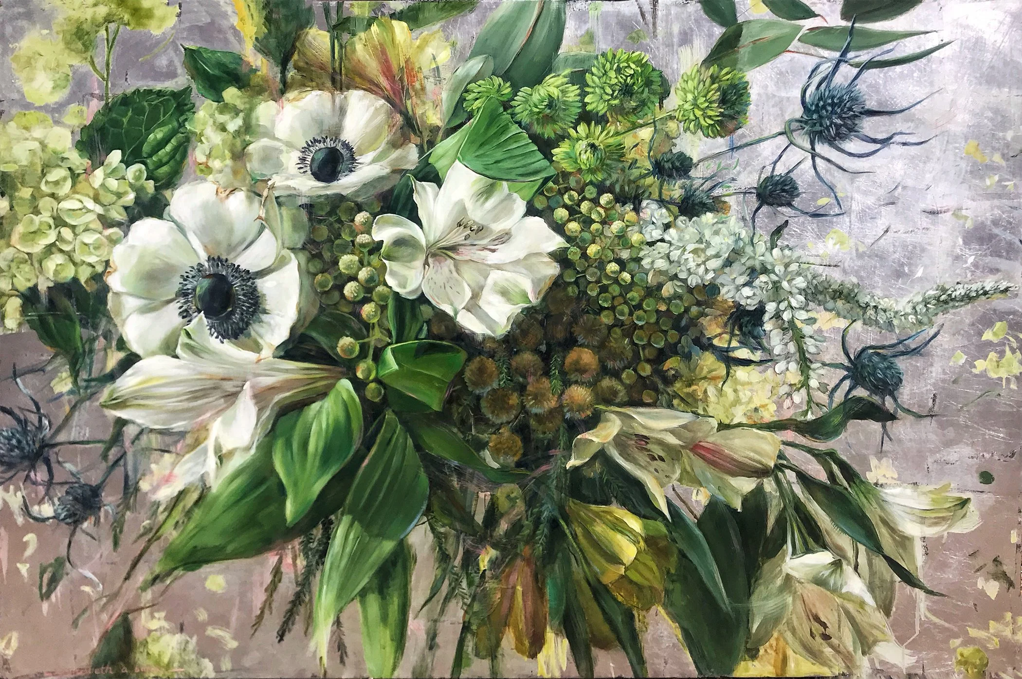 Anemones in a Silver Sea | oil and silver leaf on wood | 40" x60" *sold