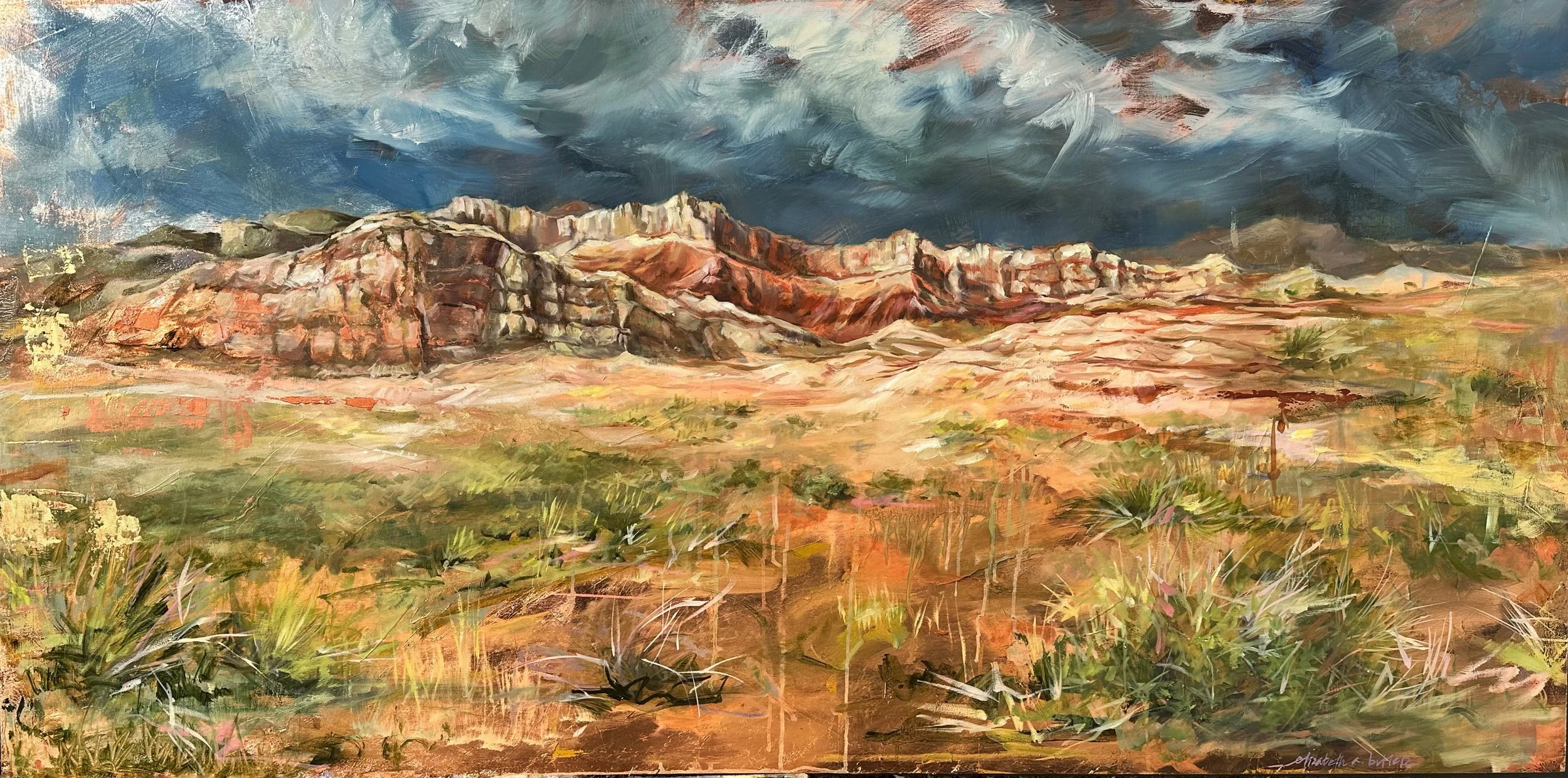 "Staircase of Stone" oil, copper and silver leaf on wood panel  30" x60" *sold