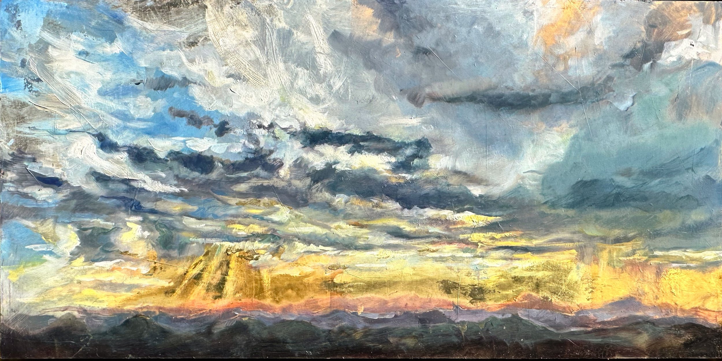 "Sunset From the Summit" oil, gold, and silver leaf on wood panel  15" x30" *sold