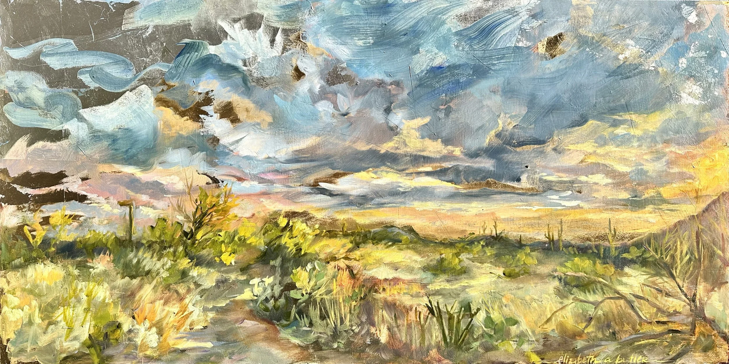 "Golden Sunset" oil gold and silver leaf on wood panel  15" x30" *sold