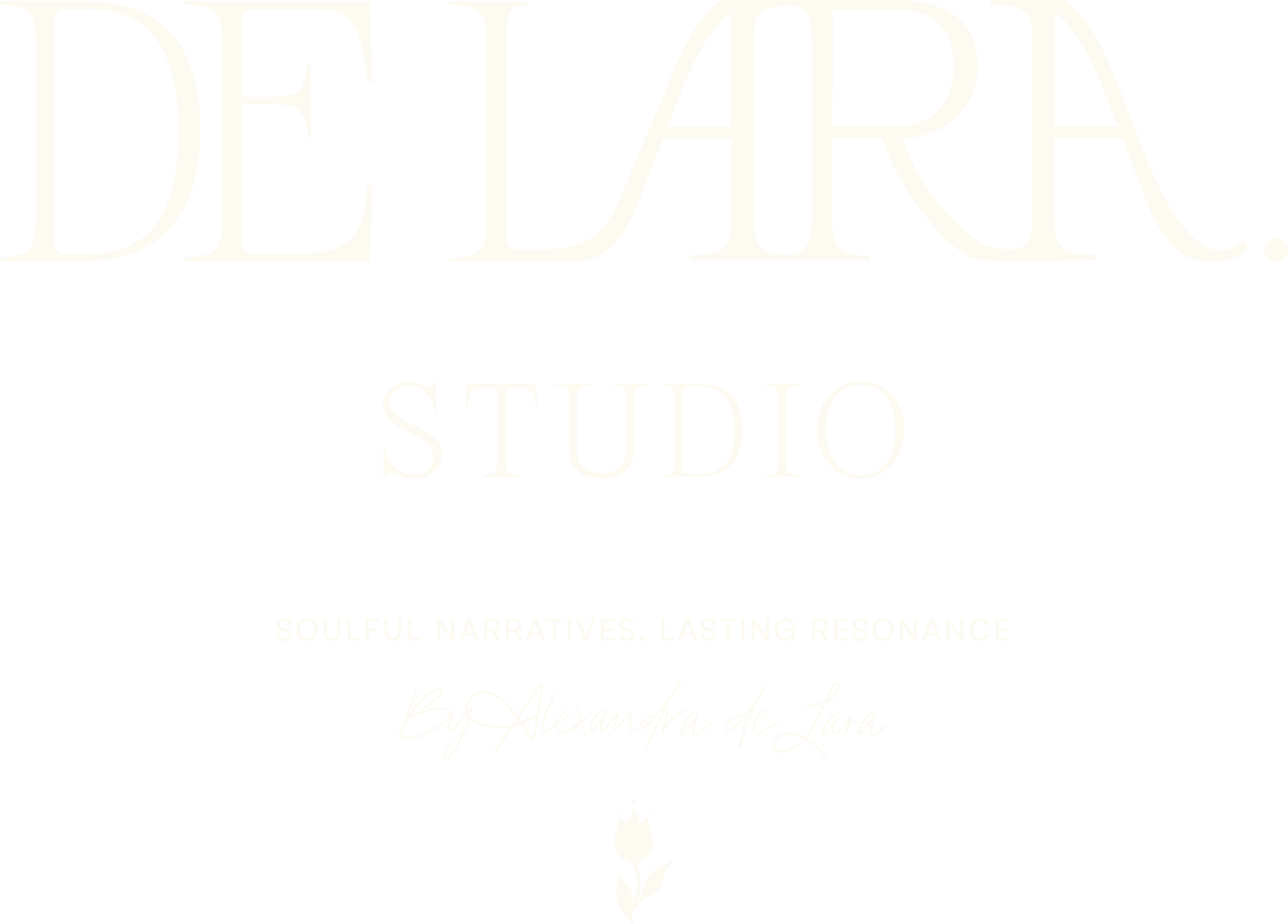 Logo for DE LA REA STUDIO, featuring the name in large white serif font on a black background, with a subtitle 'SOULFUL NARRATIVES, LASTING RESONANCE,' and a signature-style text 'By Alexandra de Lana' along with a small white flower icon.