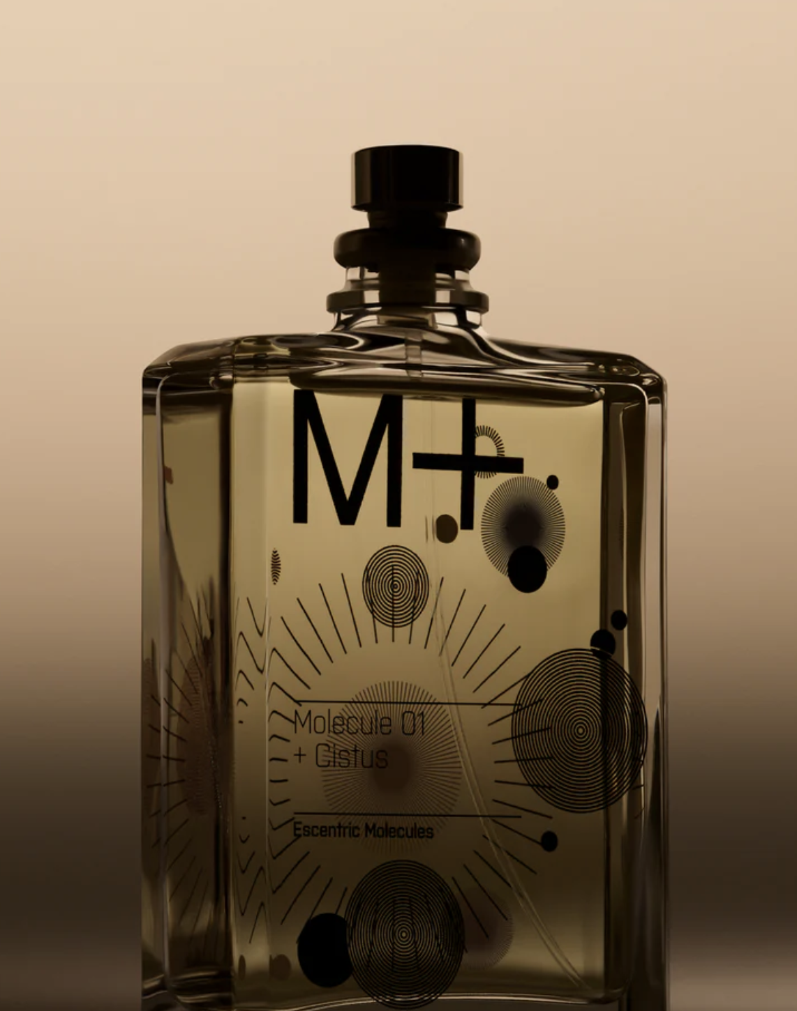 A transparent, rectangular perfume bottle with black geometric and circular designs on the front, and a black cap, set against a neutral background.