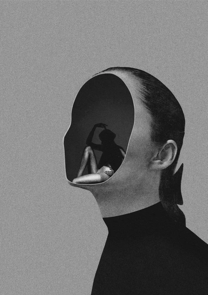 Surreal black-and-white photo of a person with a hollowed-out head, revealing a woman sitting inside and a silhouette of a person dancing in the background.