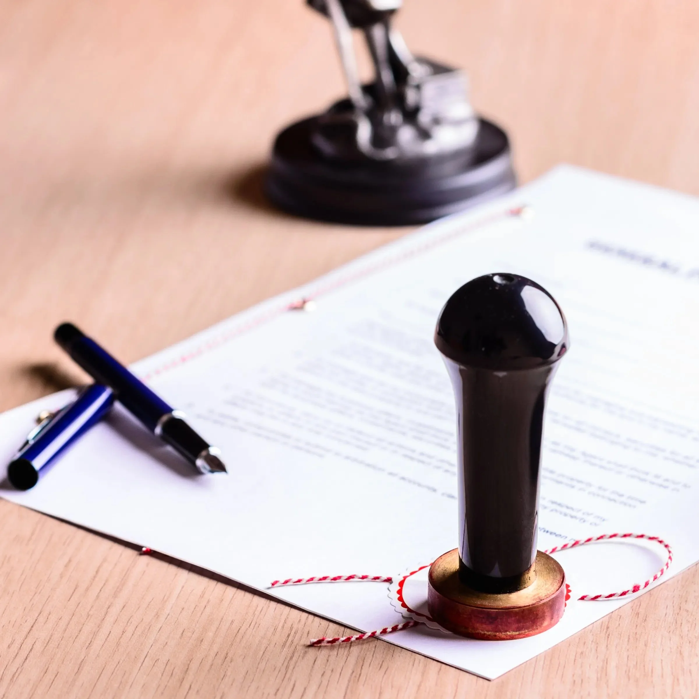 Legal documents on a desk with a black rubber stamp, a pen, and a gavel in the background.