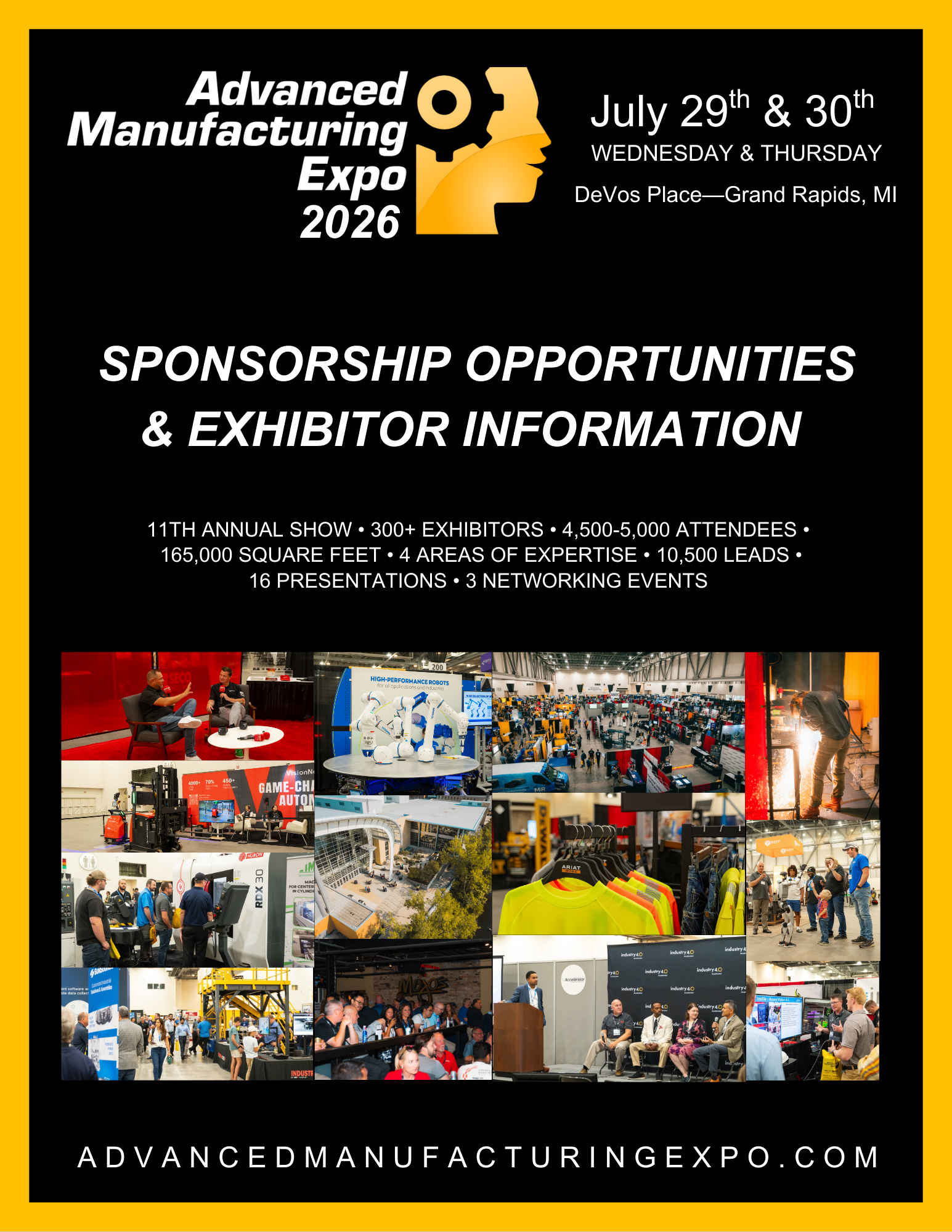 Flyer for the Advanced Manufacturing Expo 2026, scheduled for July 29-30 at DeVos Place in Grand Rapids, Michigan. The flyer highlights sponsorship and exhibitor opportunities, includes details about the event, and features a collage of images from previous exhibits and activities.