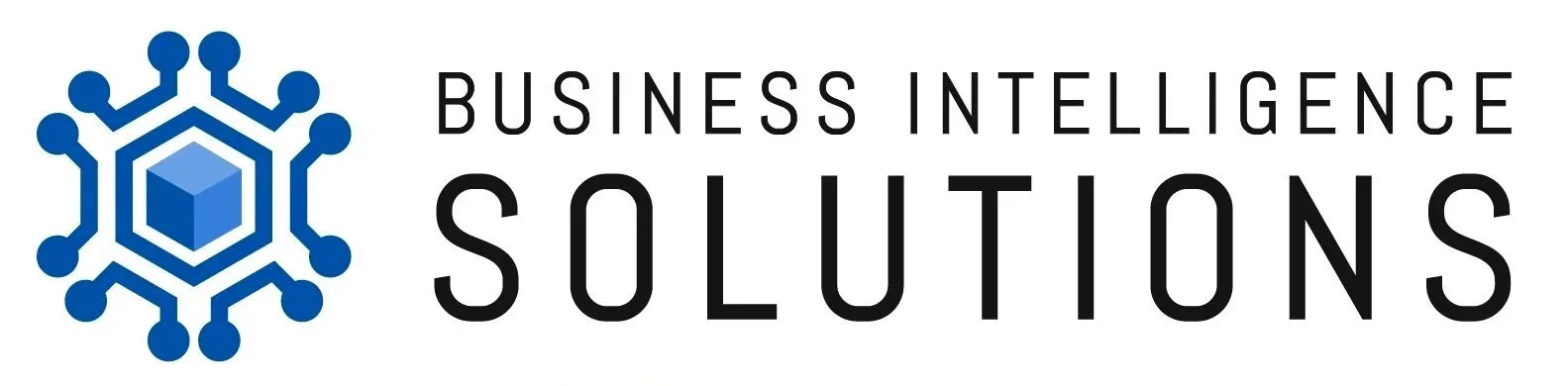 Logo of Business Intelligence Solutions, featuring a blue hexagon with connected nodes around it.