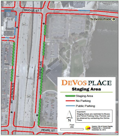 Map of DeVOS Place with designated staging area, no parking zones, and public parking, showing streets and directions.