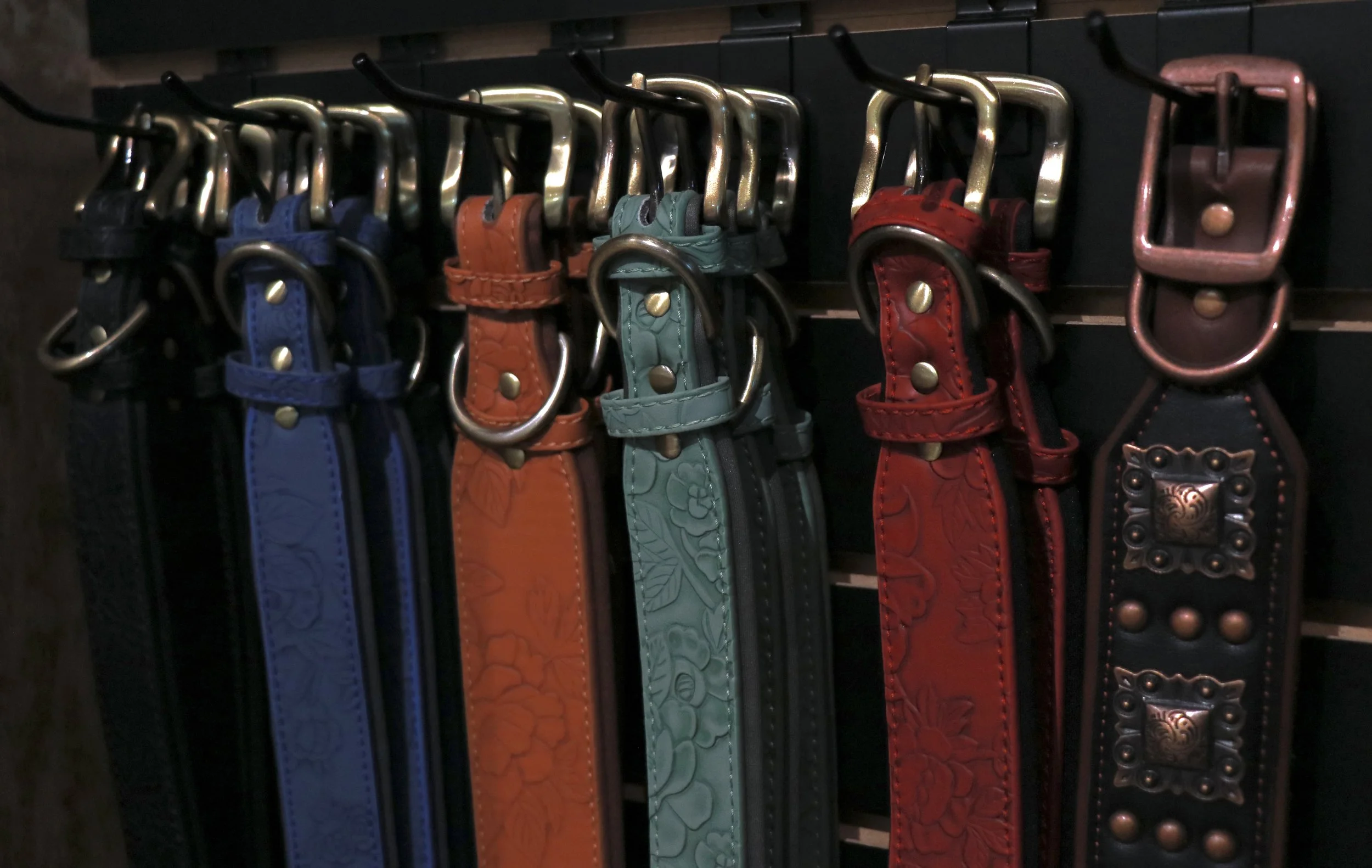A row of colorful belts hanging on hooks, including black, blue, orange, green, red, and black with decorative metallic embellishments.