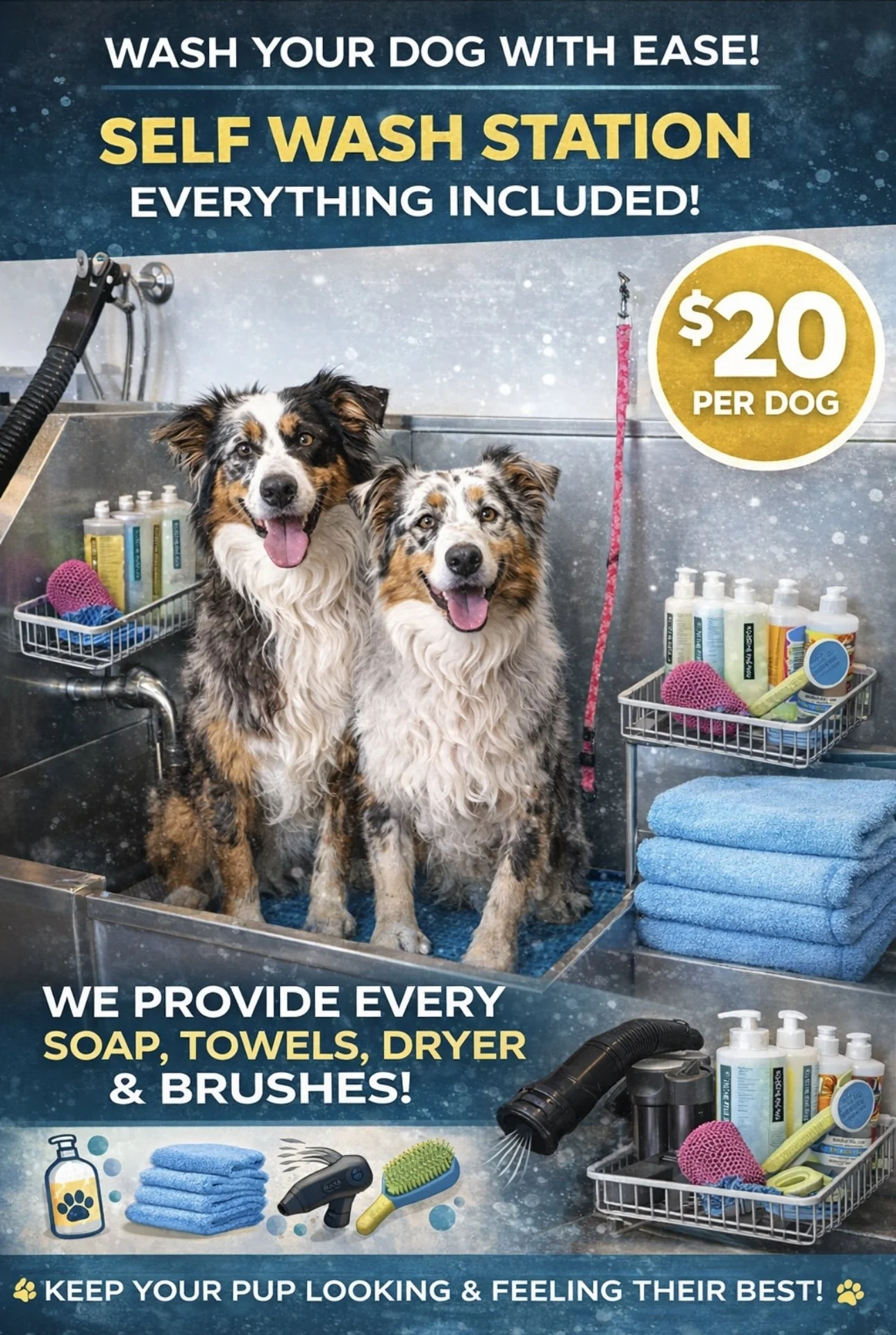 A dog wash station with two wet Australian Shepherd dogs smiling, surrounded by bottles of shampoo, towels, brushes, and grooming tools, with a sign advertising $20 per dog for a self-serve dog wash.