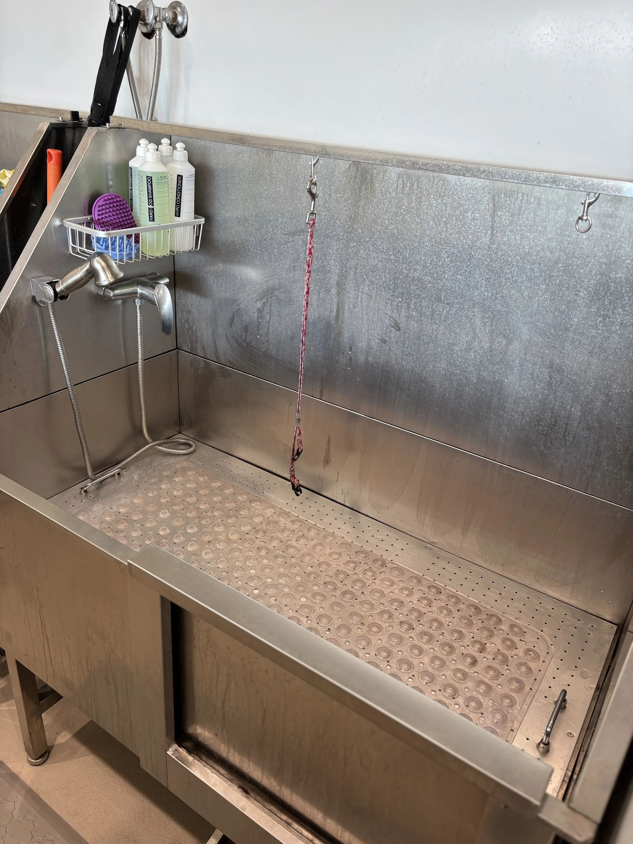 A stainless steel pet bathing station with a textured rubber mat, adjustable shower nozzle, soap bottles, a purple brush, and hooks for hanging grooming tools.