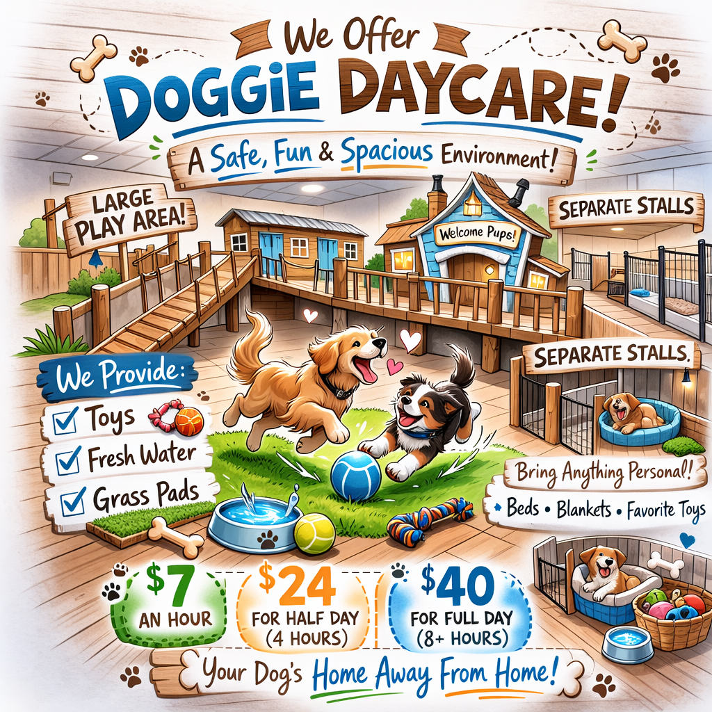 Colorful poster advertising doggy daycare with illustrations of playful dogs, dog paraphernalia, and play areas. Features information about services, prices, and amenities.