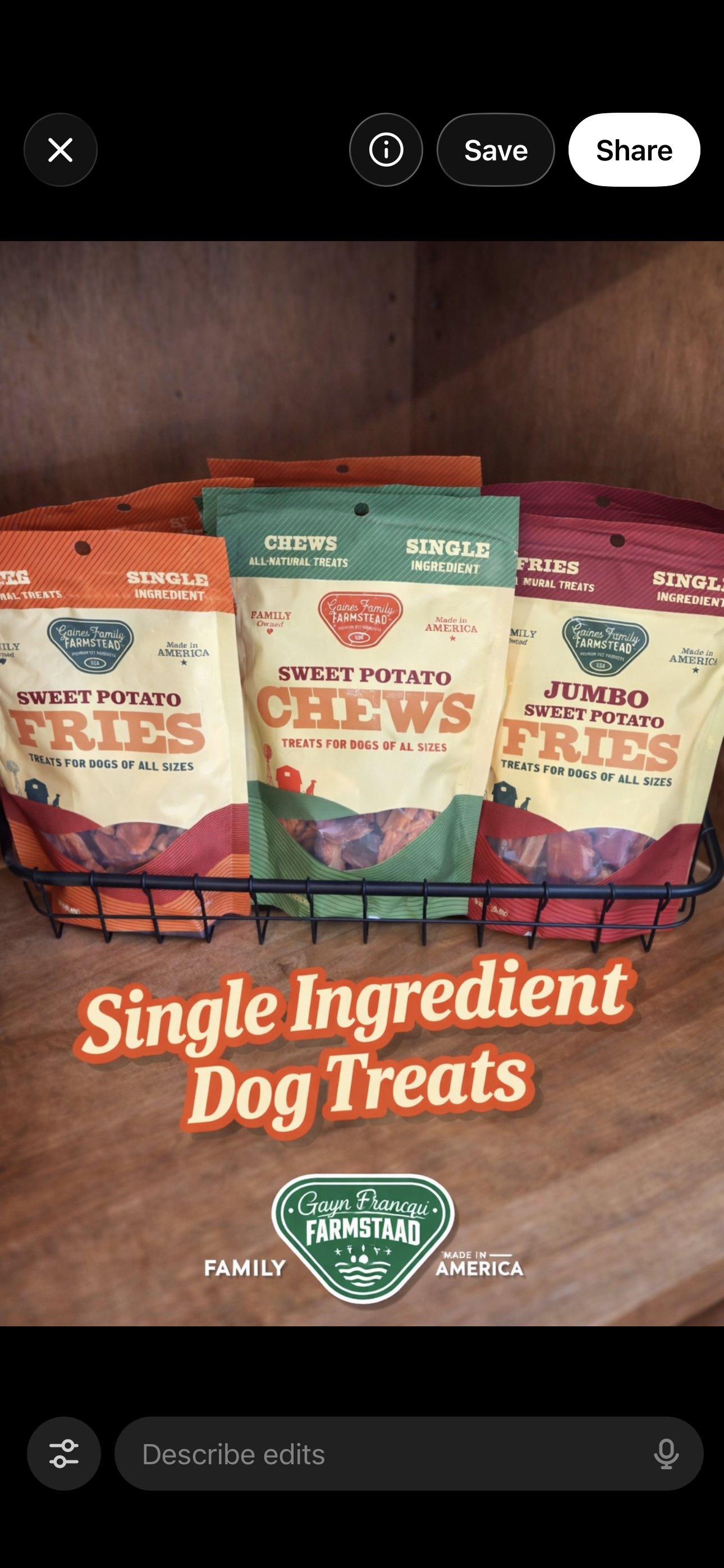 Three bags of single-ingredient sweet potato dog treats on a metal basket, featuring different packaging for fries, chews, and jumbo fries, with a wooden background and overlay text reading 'Single Ingredient Dog Treats'.