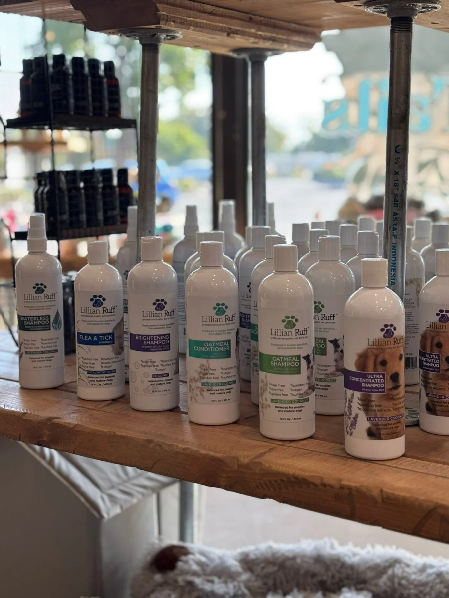 Display of Lillian Ruff pet grooming products, including oatmeal shampoo, flea & tick shampoo, brightening shampoo, and ultra concentrated shampoo, on a wooden shelf.