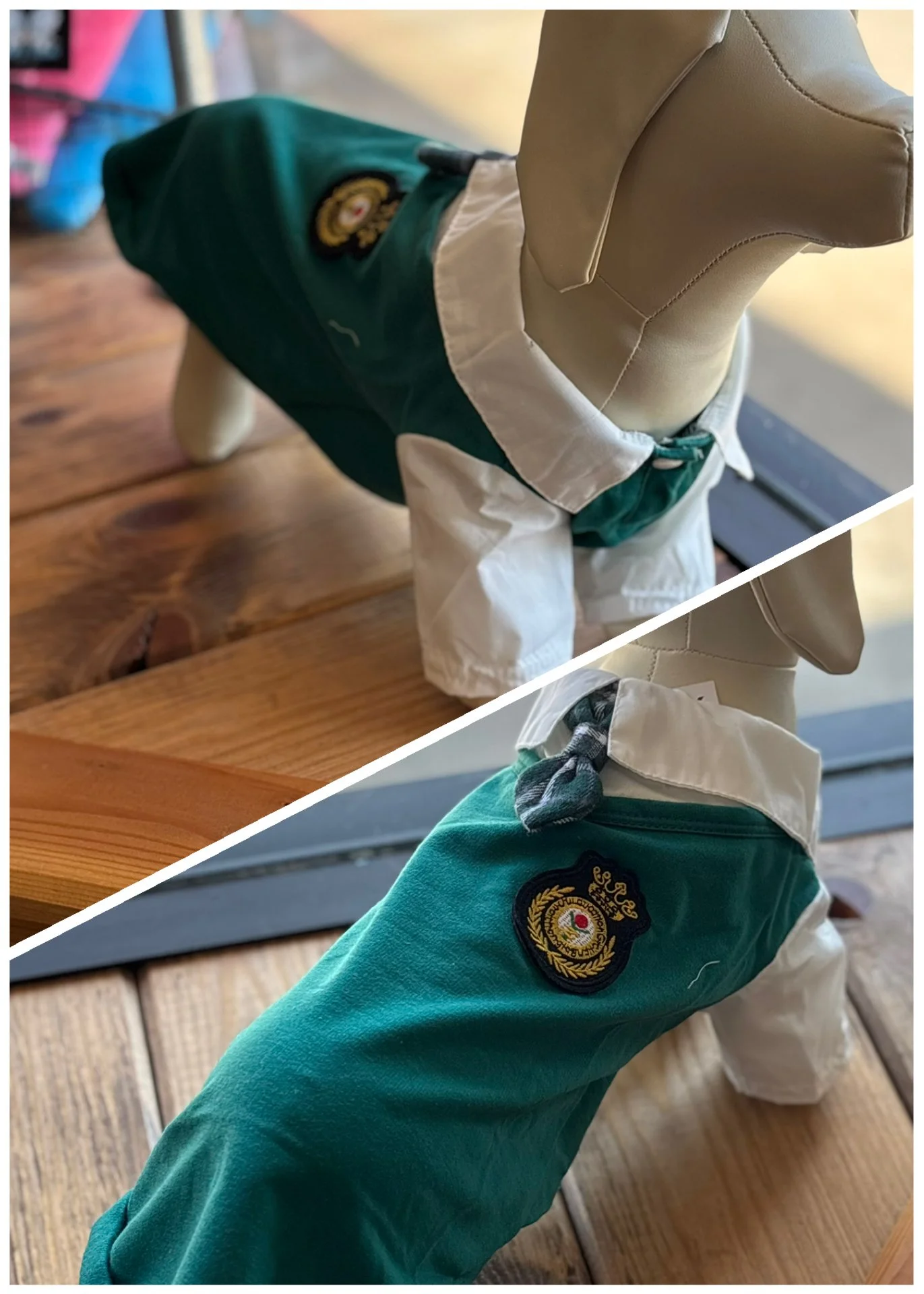 Two dog mannequins dressed in scout uniforms with patches, placed on a wooden surface.