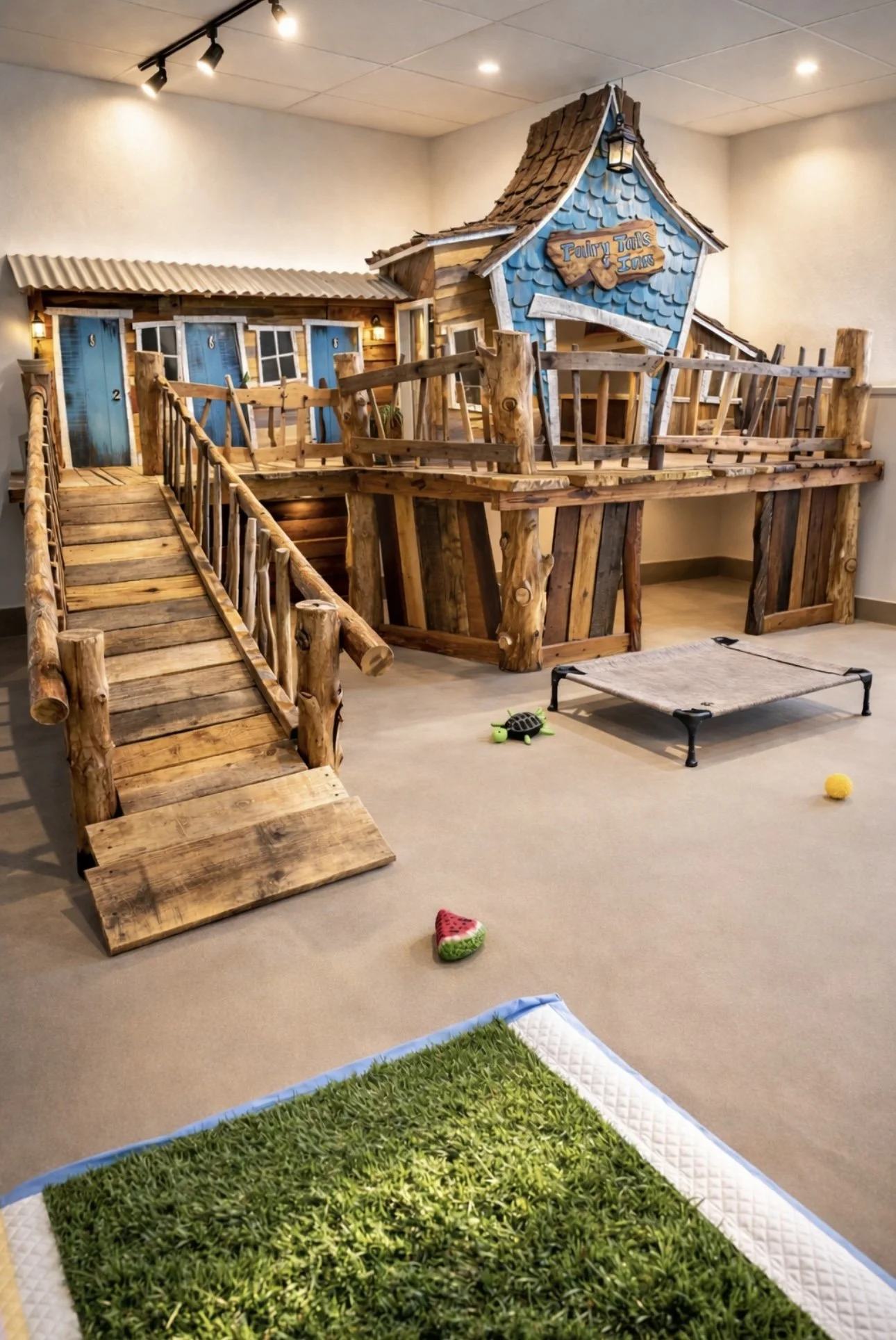 Indoor dog play area with a wooden treehouse labeled