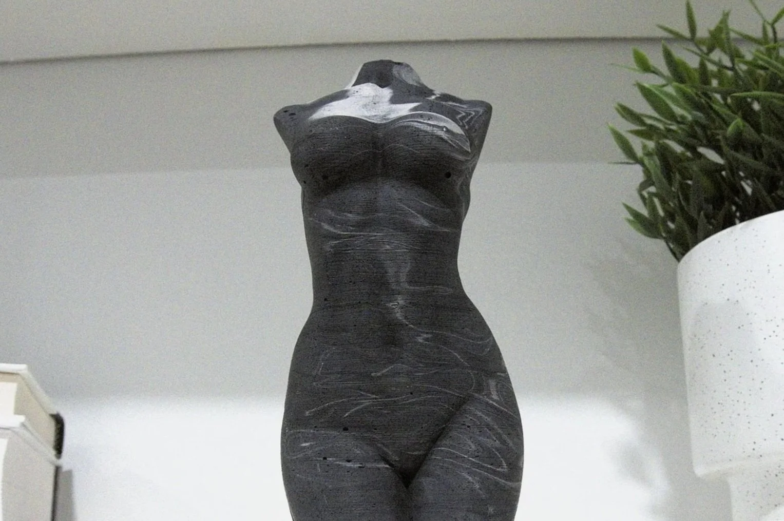 A black and gray stone sculpture of a female torso standing on a surface, with a plant in a white speckled pot to the right.