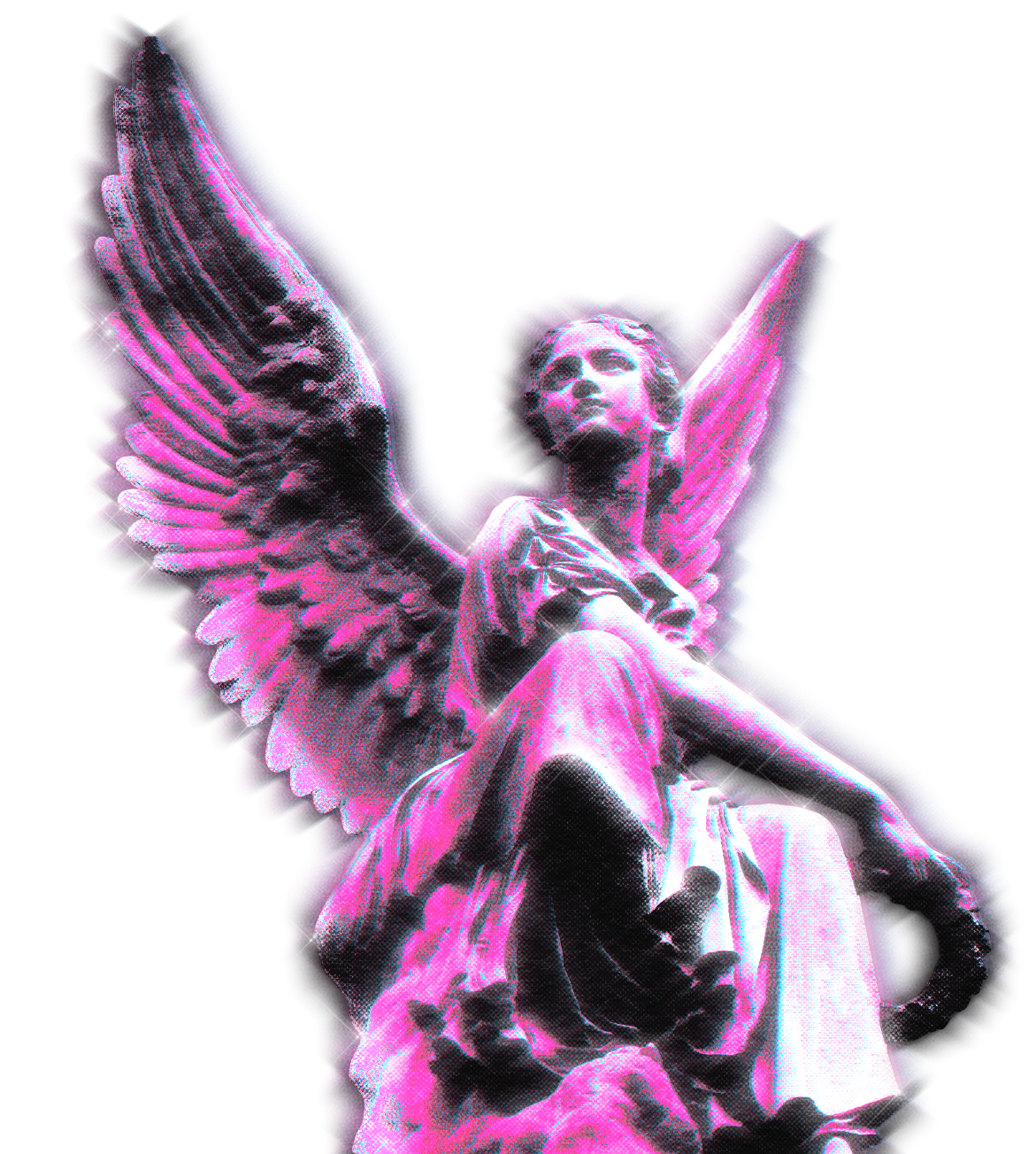 A digital art sculpture of a woman with large, stylized wings bathed in pink and purple neon lighting, set against a black background.