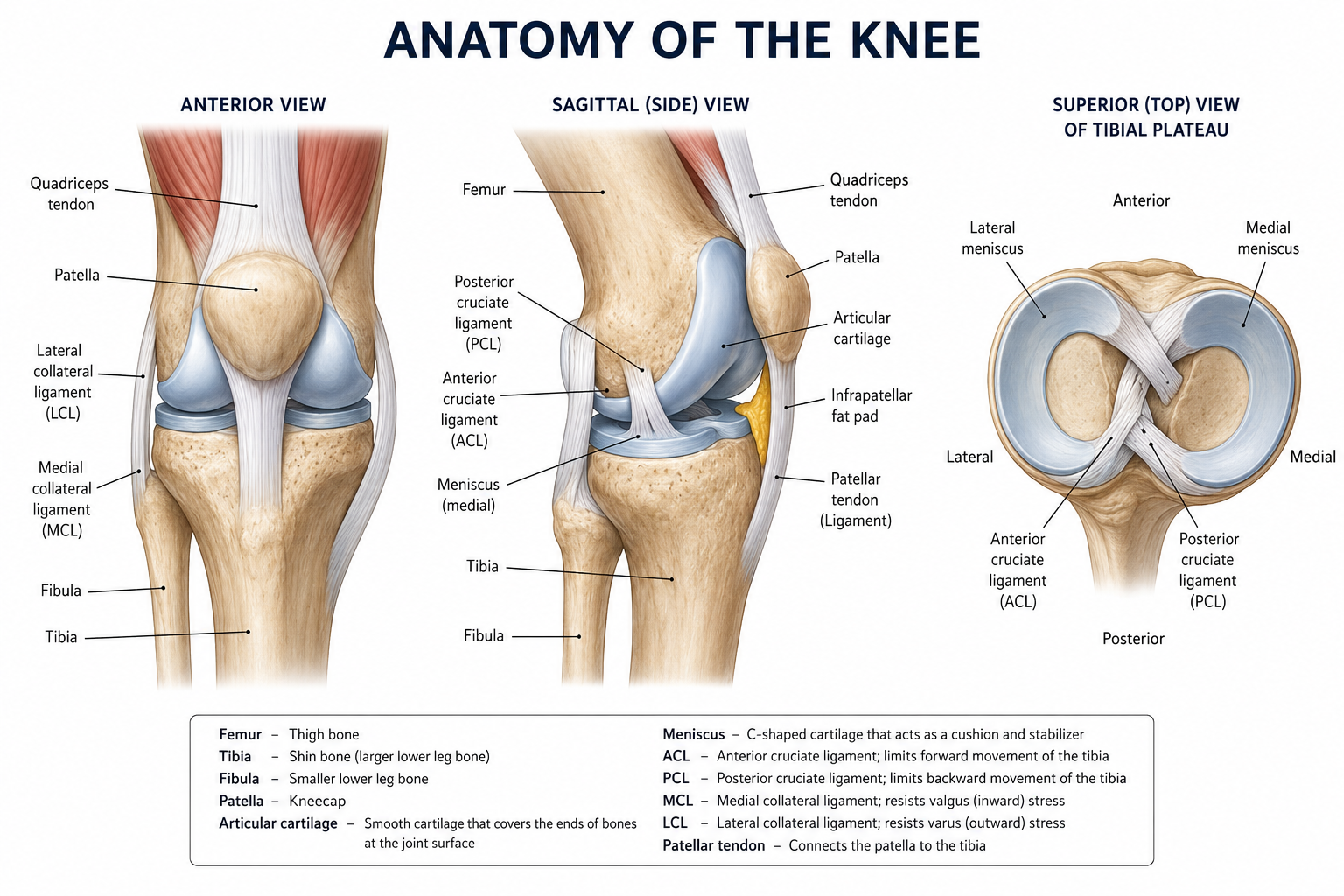 Diagram illustrating the anatomy of the knee from three views: anterior, sagittal side, and superior top of tibial plateau. Key parts labeled include quadriceps tendon, patella, lateral collateral ligament, medial collateral ligament, fibula, tibia, femur, posterior cruciate ligament, anterior cruciate ligament, meniscus, infrapatellar fat pad, articular cartilage, and patellar tendon. The diagram also provides definitions of these parts.