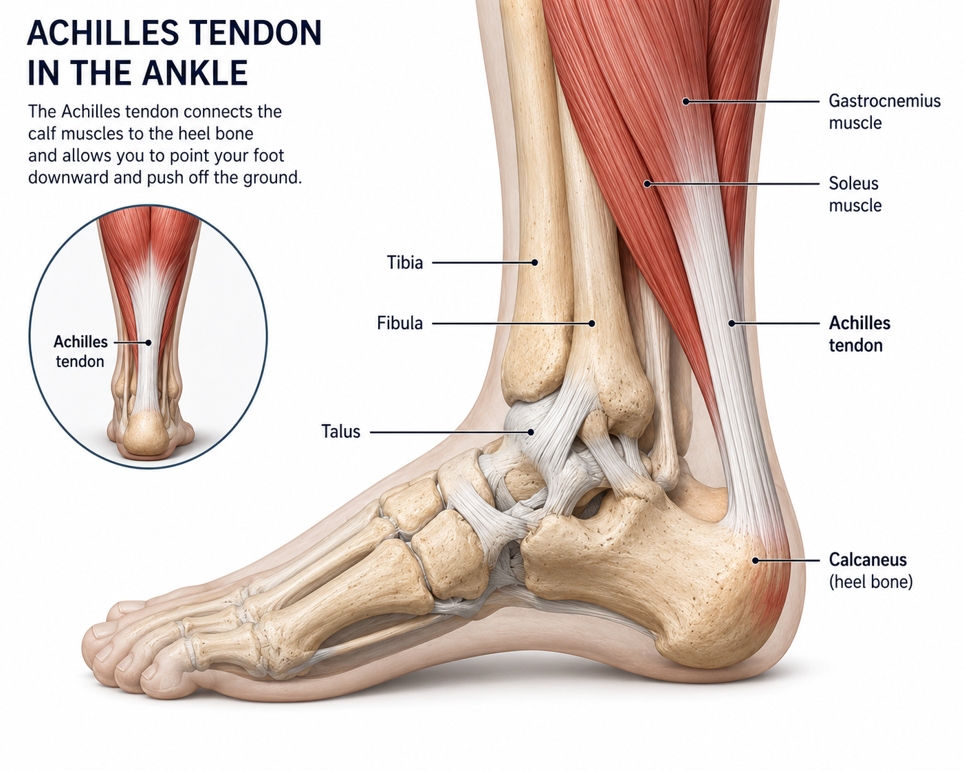 Diagram of the Achilles tendon and the muscles and bones of the ankle, including the gastrocnemius muscle, soleus muscle, Achilles tendon, tibia, fibula, talus, and calcaneus (heel bone)