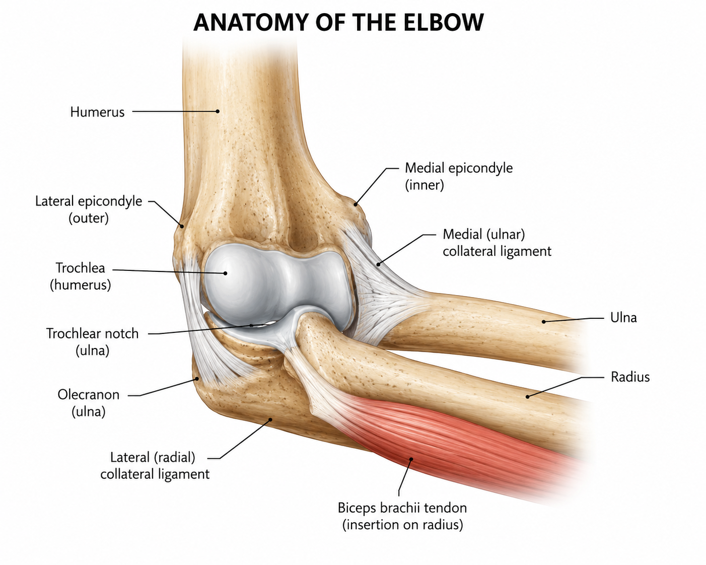 Detailed diagram of the anatomy of the elbow showing bones, ligaments, tendons, and muscles, including the humerus, ulna, radius, medial and lateral epicondyles, trochlea, olecranon, and biceps brachii tendon.