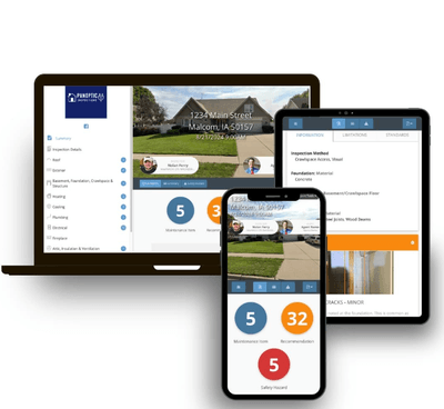 Multiple electronic devices displaying a home inspection app with inspection details and images.