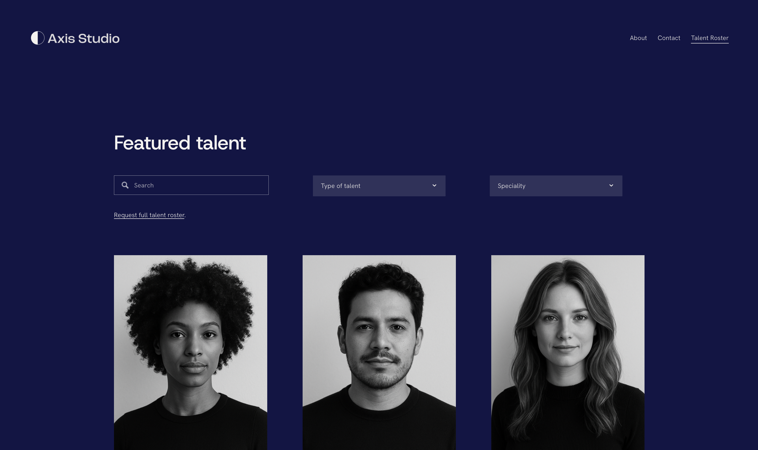 A talent page for a boutique talent agency website.