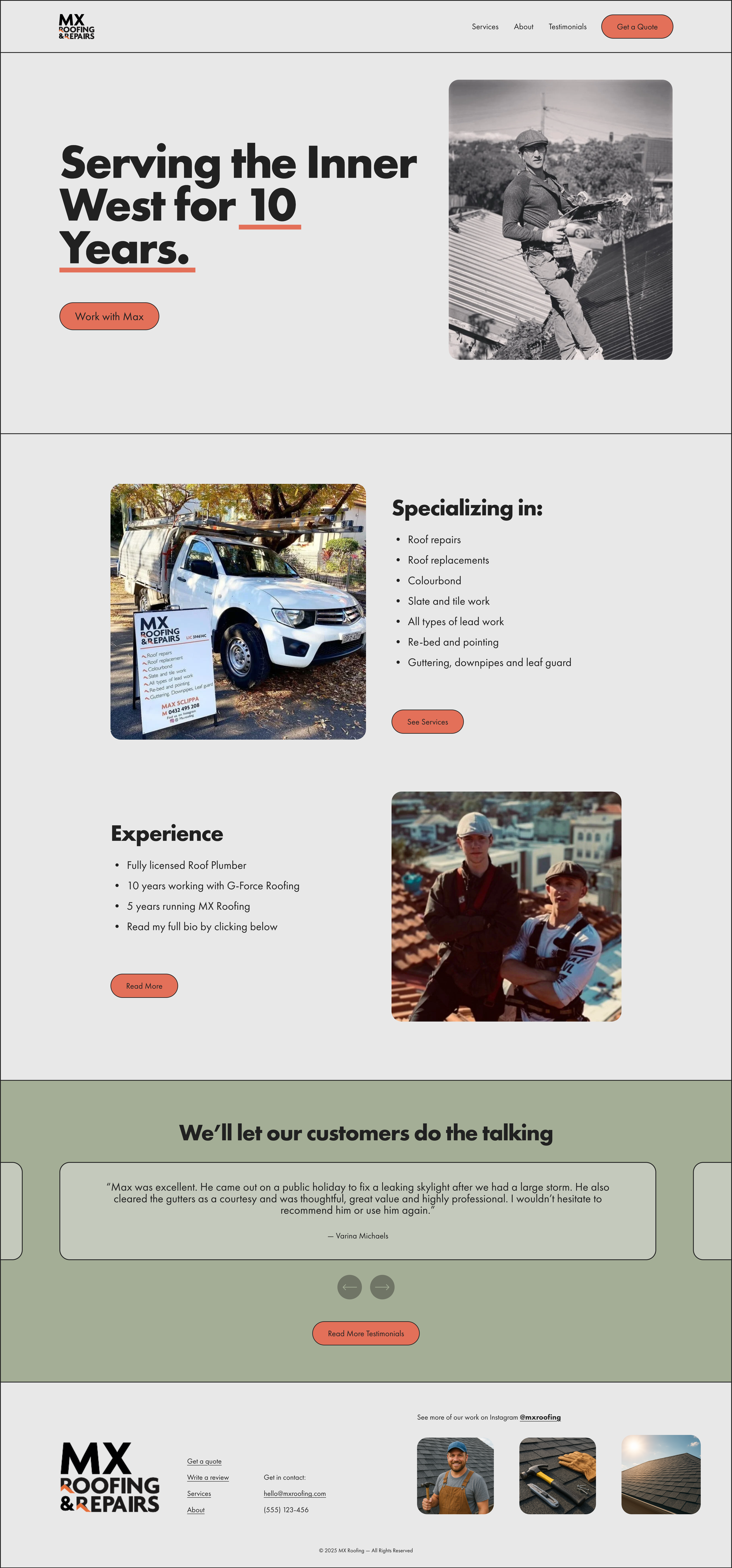 Website homepage layout for a local roofing business featuring different sections and a footer.