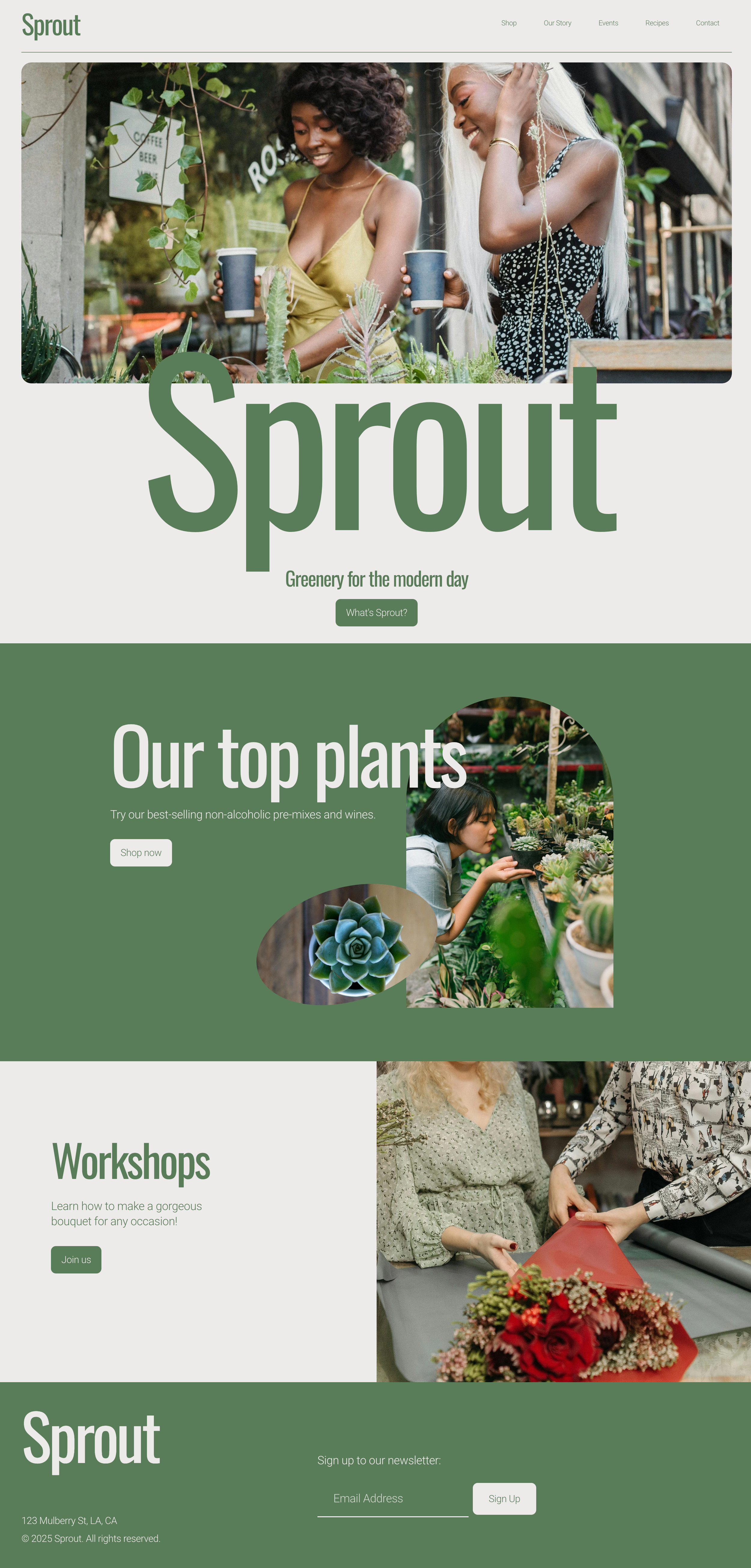 Website homepage for Sprout, a plant and greenery shop.