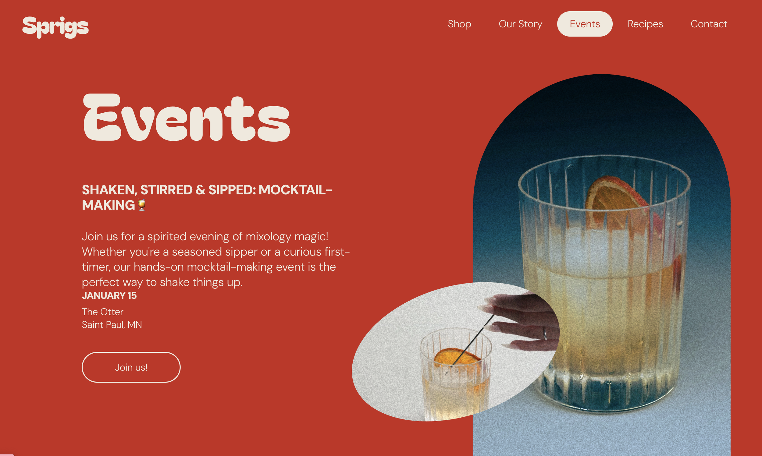 Website page promoting a spring cocktail-making event.