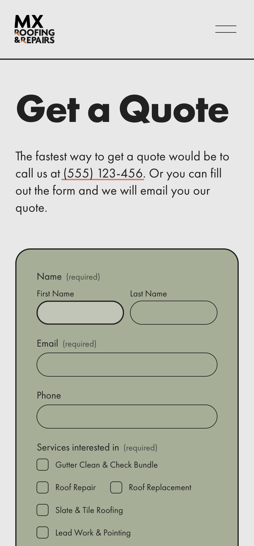 Screenshot of a local roofing business's services webpage on mobile.