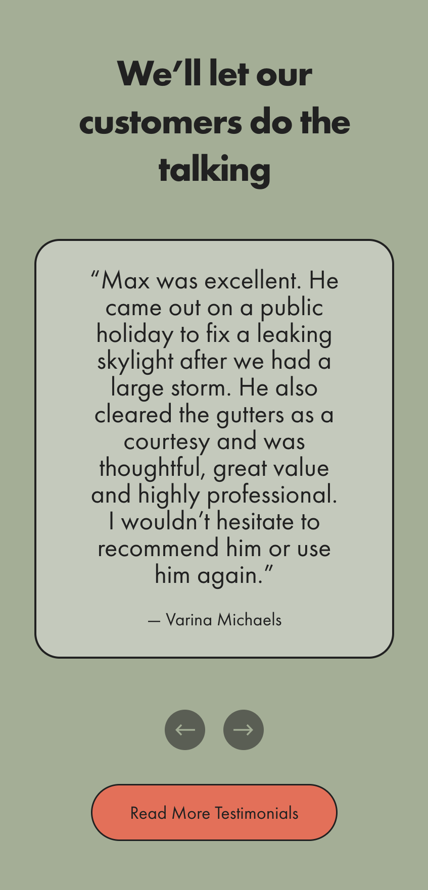 Screenshot of a local roofing business's testimonial webpage on mobile.