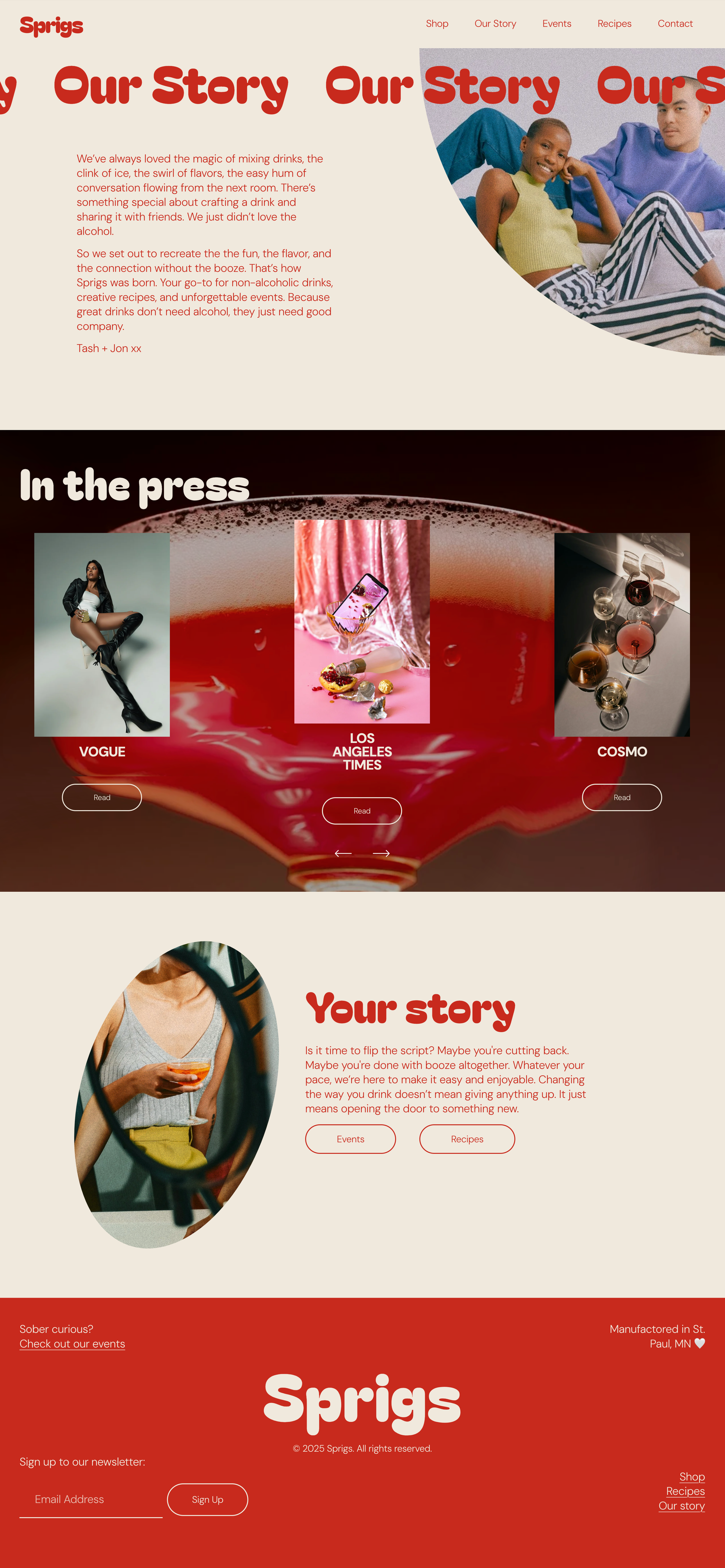 Full webpage layout for an 'Our Story' page with different sections