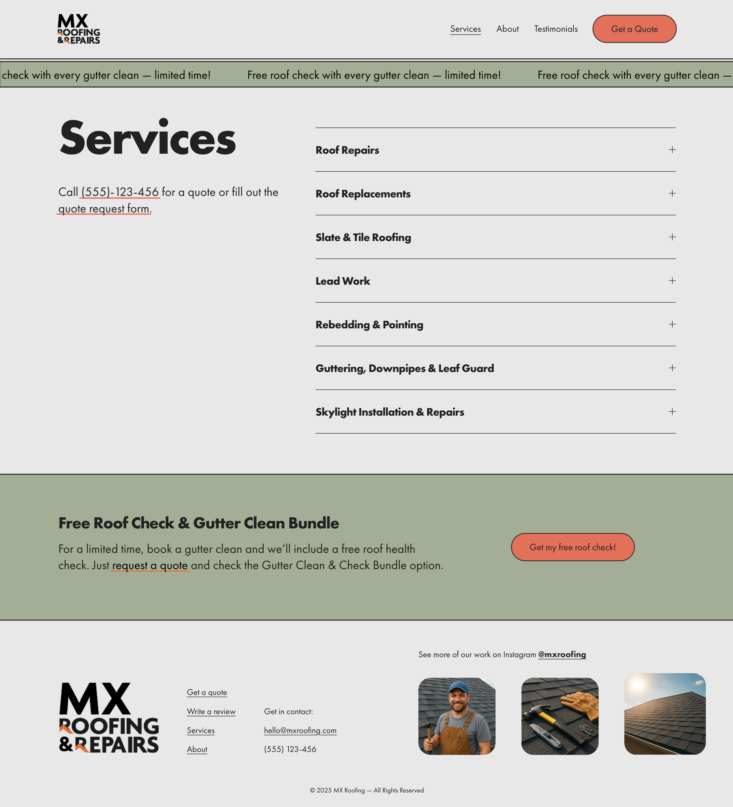 Screenshot of local roofing business website showing services, contact info and a call-to-action button for a free roof check.