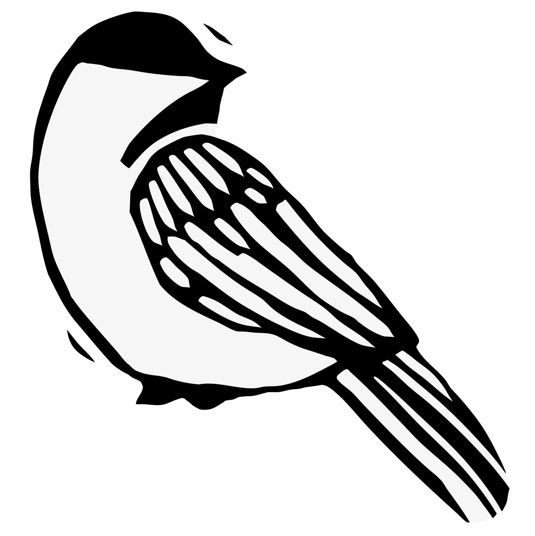 Black and white illustration of a bird perched on a branch, with detailed feather patterns and a prominent beak.