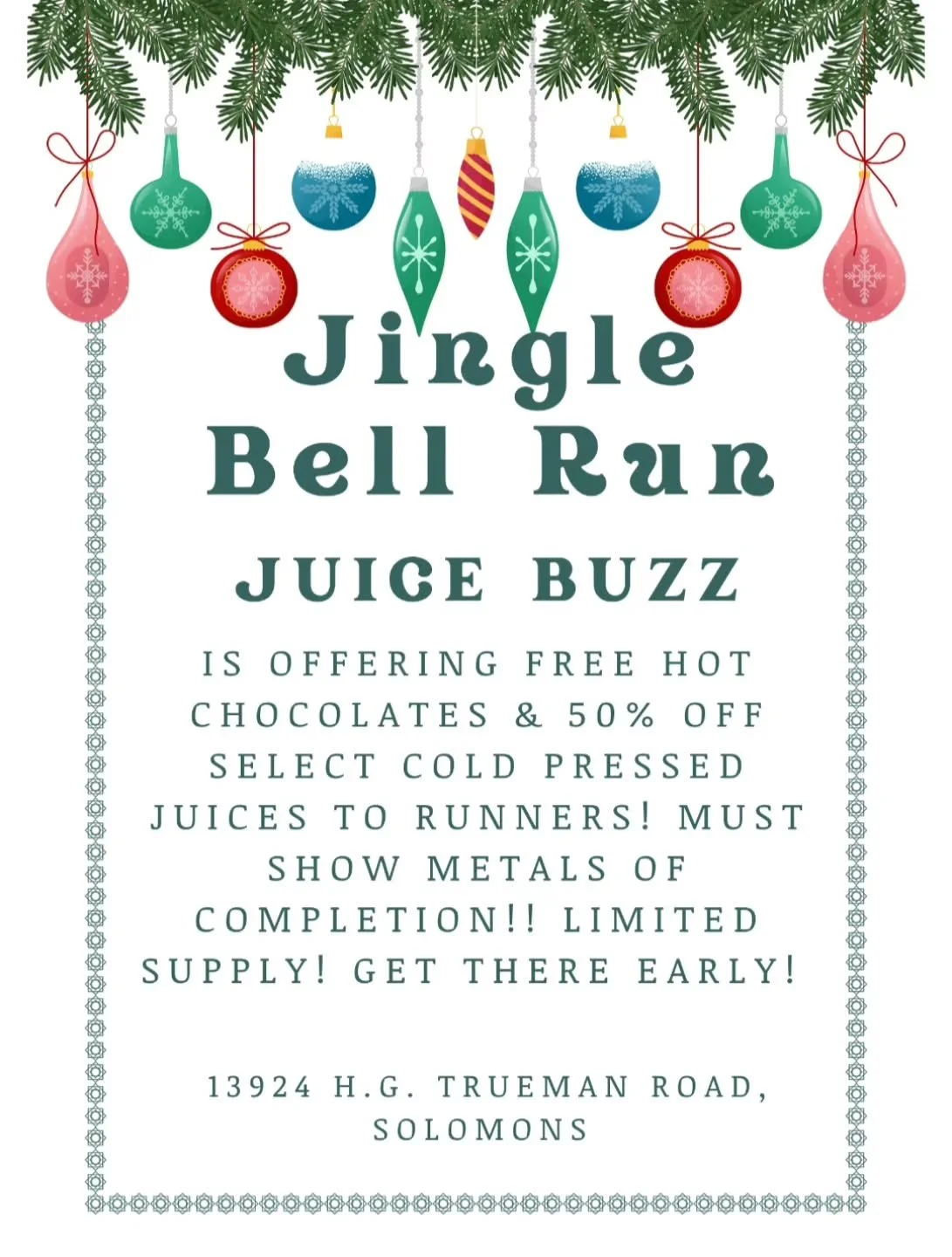 The Jingle Bell Run is this Saturday Morning! And Juice Buzz will be offering FREE hot chocolates &amp; 50% OFF of some of our cold pressed juices!! Each runner MUST show their metals to recieve the goods &amp; discount (limited supply)! So come warm