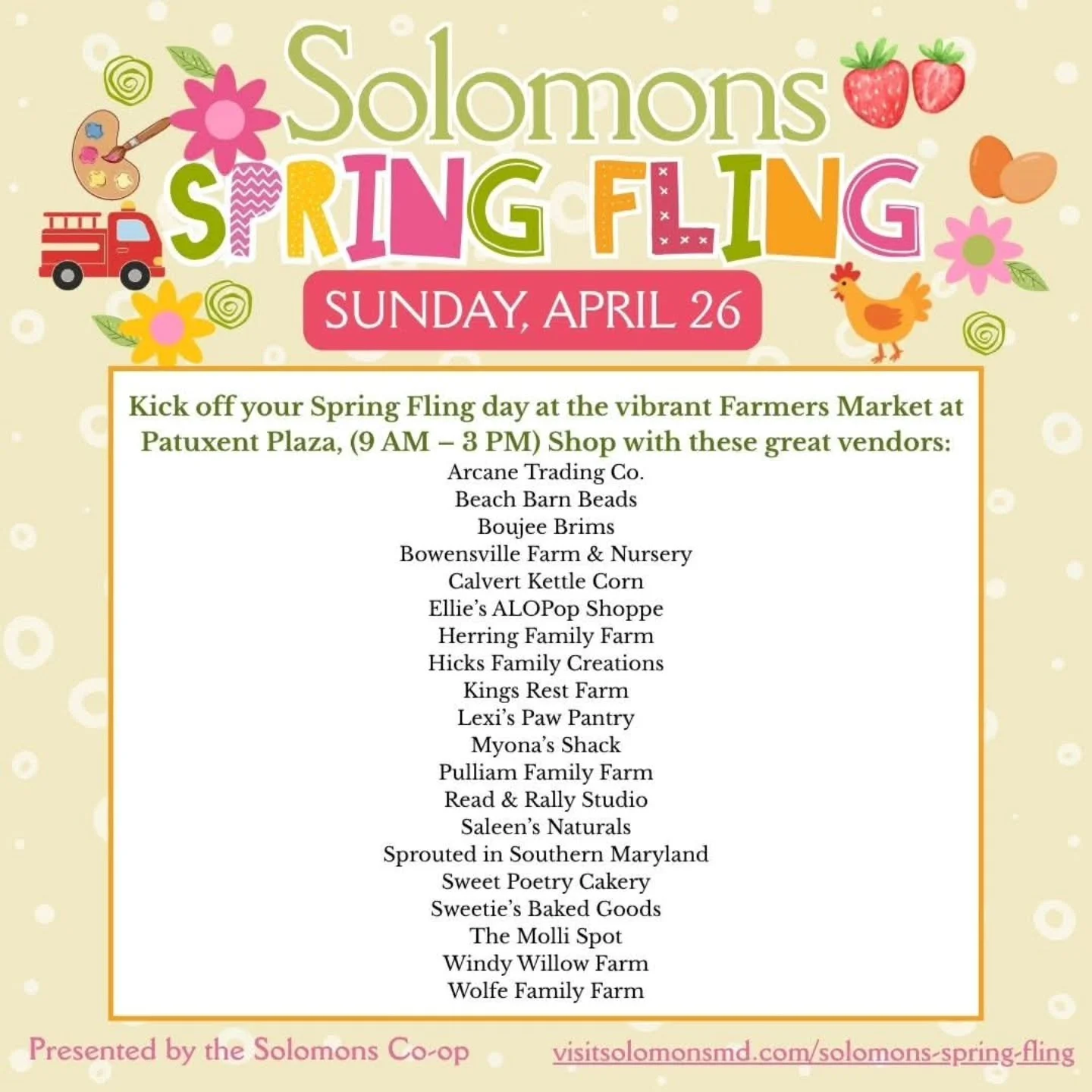 SUNDAY FUNDAY IS IN FULL EFFECT TOMORROW!! The rain tried to keep us down, but all the crossed fingers &amp; prayers seemed to have worked 🤞🏼🙏🏻

SPRING FLING SUNDAY 🌺

🌿 Farmers Market at Patuxent Plaza (9 AM &ndash; 3 PM)
Kick off your Spring 