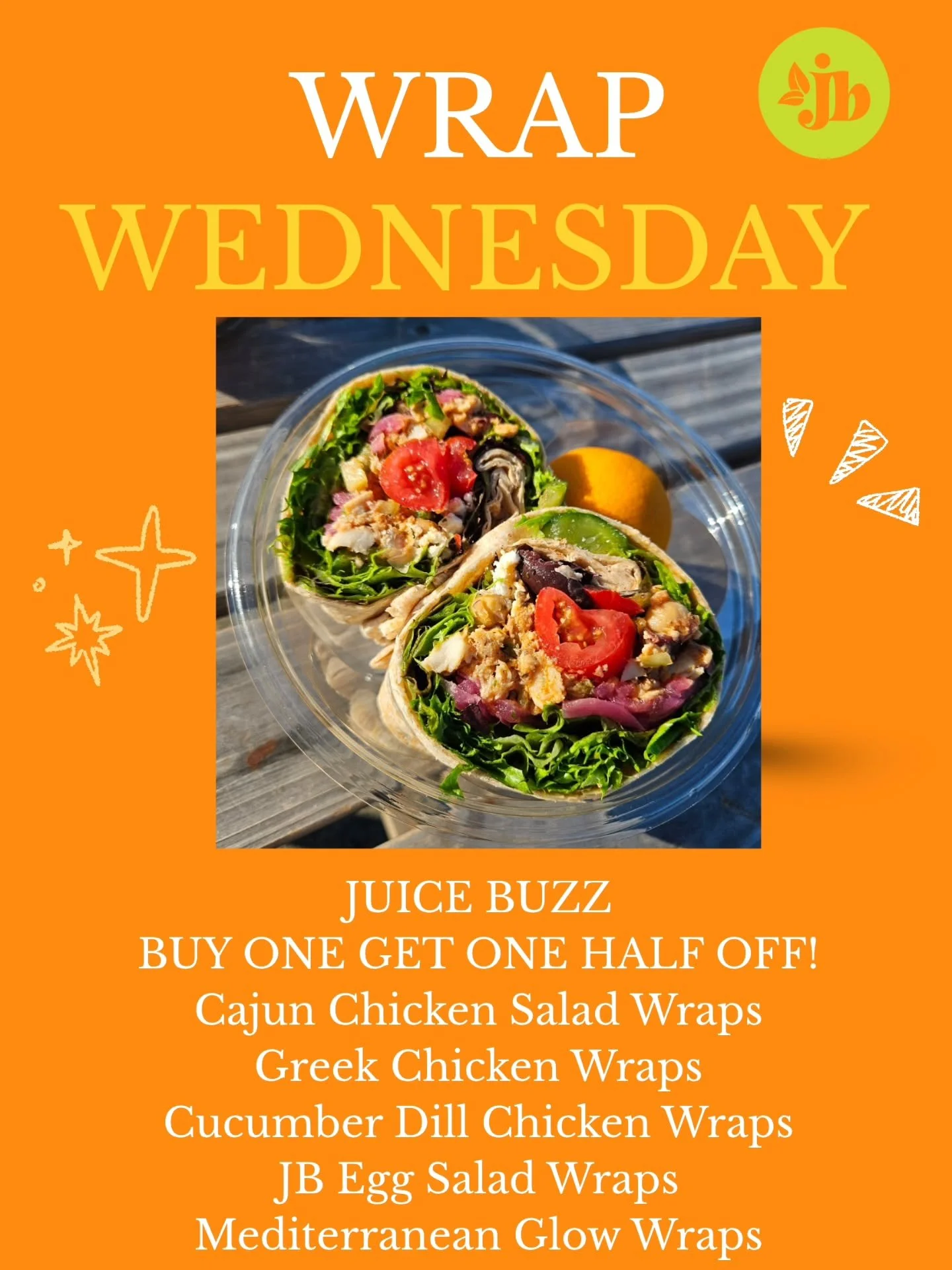 Wednesday's lunch...that's a WRAP 🌯 Wraps are buy 1 get 1 half off! The perfect midweek pick me up!
🌯 Cajun Chicken Salad Wraps 
🌯 Greek Chicken Wraps 
🌯 Cucumber Dill Chicken Salad Wraps
🌯 JB Egg Salad Wraps
🌯 Mediterranean Glow Wraps
Tag your