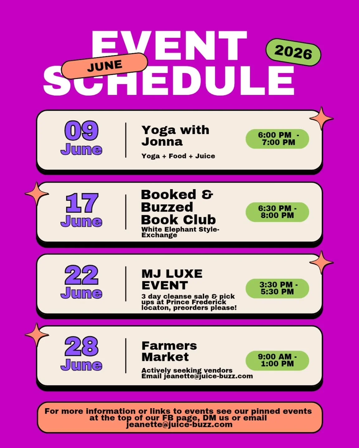 ☀️ June Is Looking JUICY! ☀️ We've got a month full of fun, fresh flavors, &amp; reasons to get out of the house! Mark your calendars &amp; don't miss the buzz 🐝 Still have spots open for Yoga 🧘&zwj;♀️ Book Club is always open for anyone to try 📚 