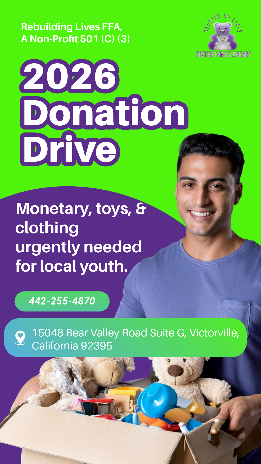 Call to action flyer encouraging donations. Respecting the color wheel with green and purple colors. Matching the company's color