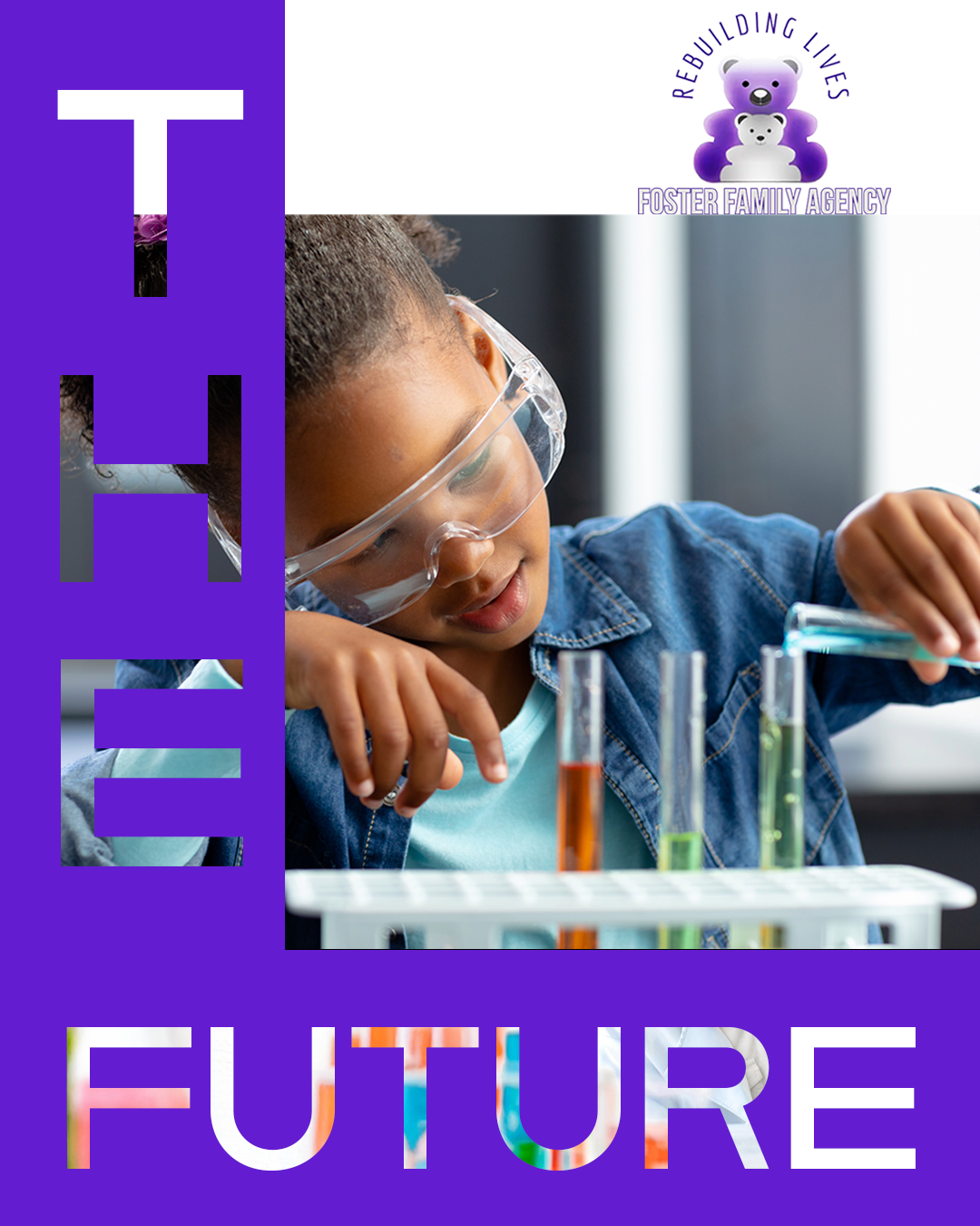 A statement flyer made with font knockout overlay. I made the contrast of purple and white. Emphasizing the little girl in science class.
