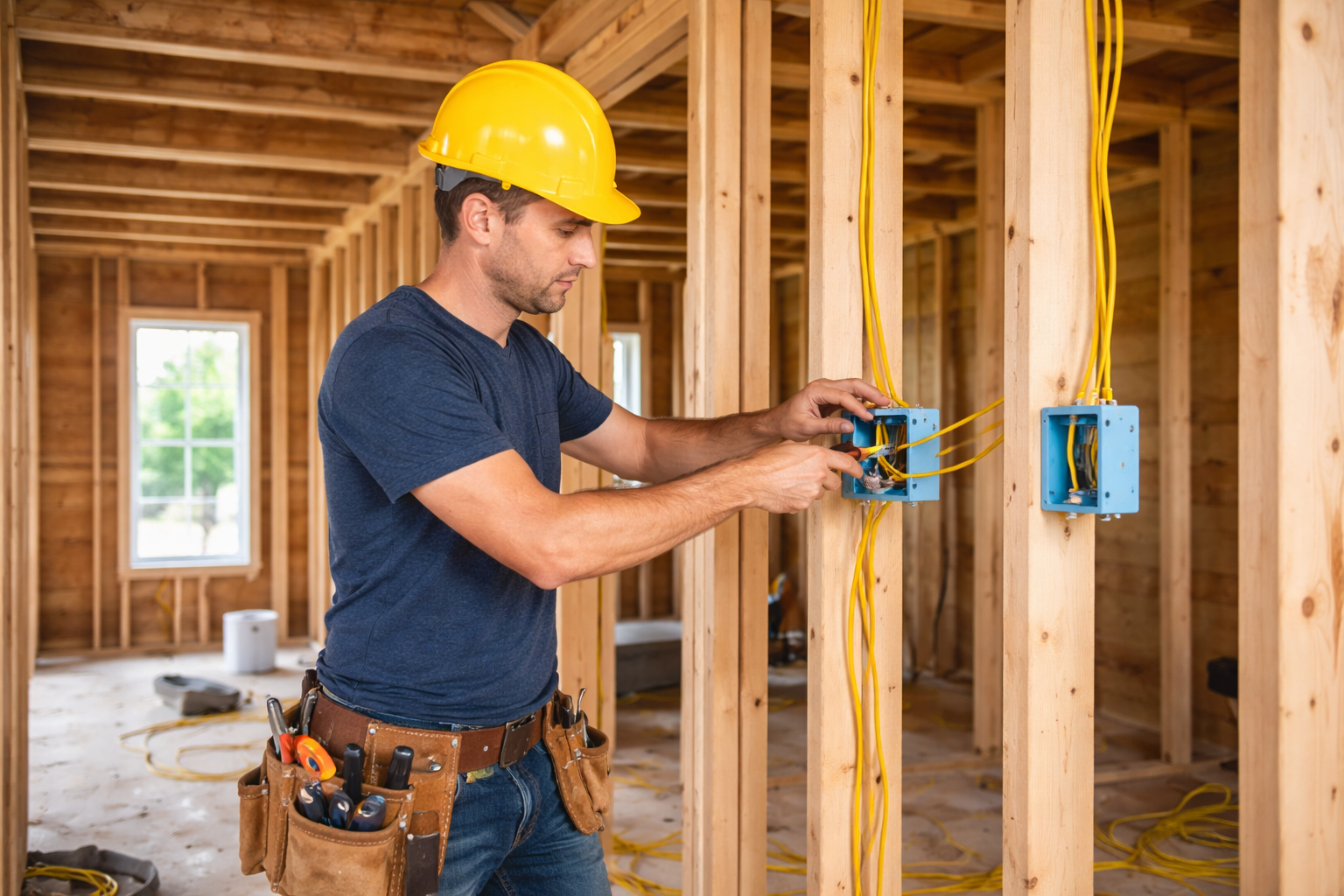 A construction worker, wearing a yellow safety helmet and a tool belt, installing electrical wiring in a building under construction.